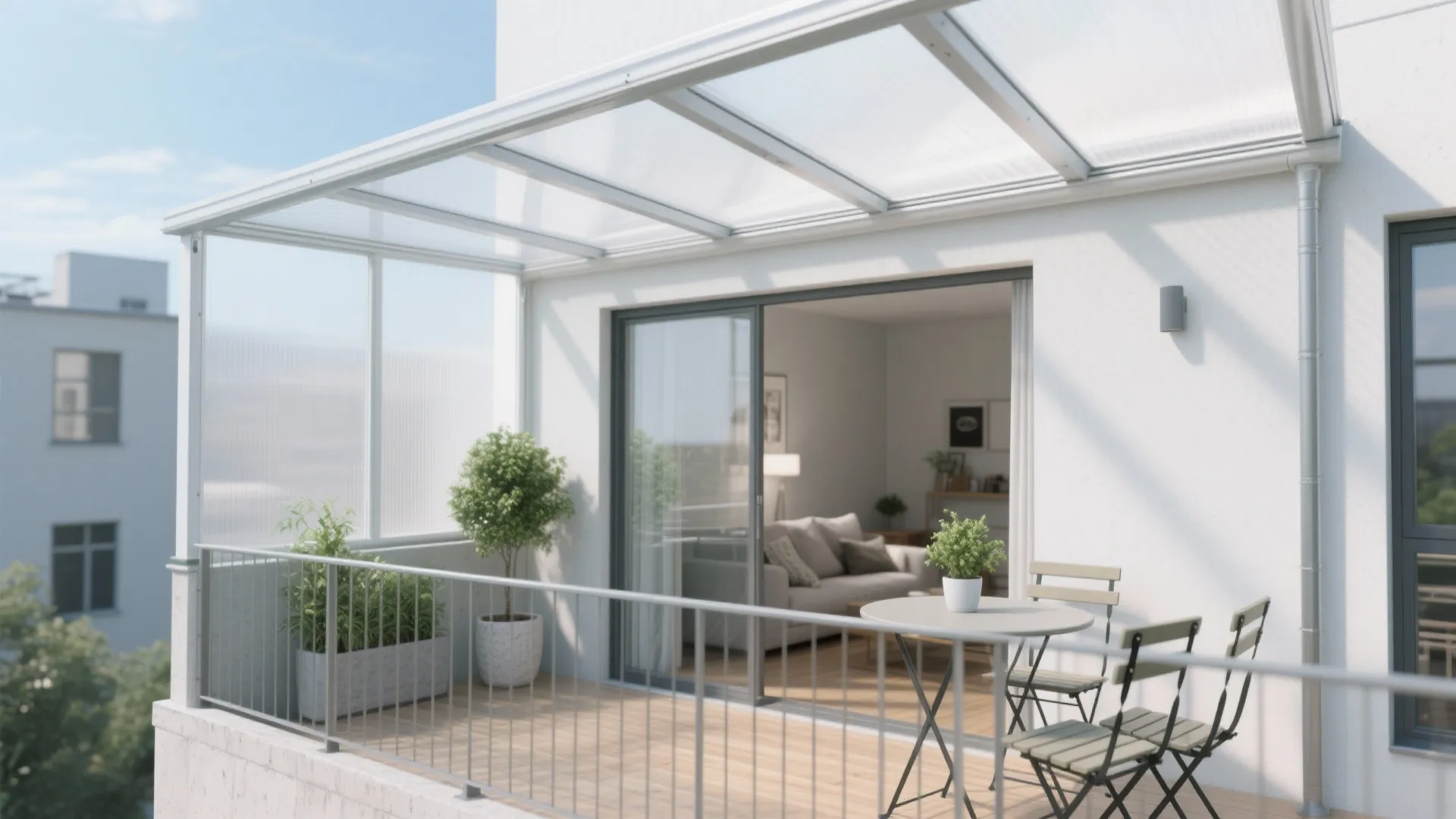 White balcony with transparent roof canopy small table chairs green plants and sliding glass door