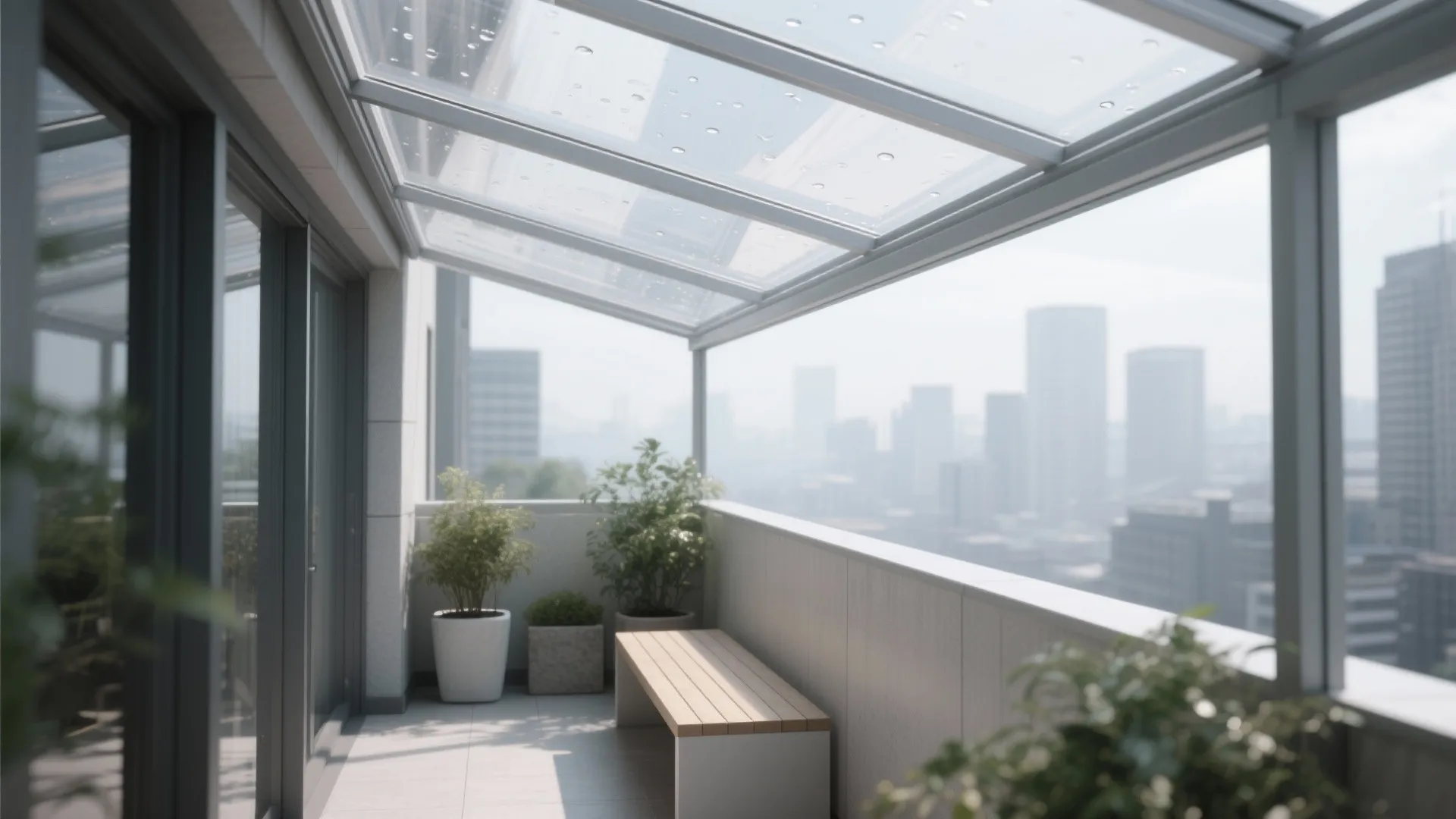 Polycarbonate balcony canopy lets light in while blocking UV and keeping plants happy.