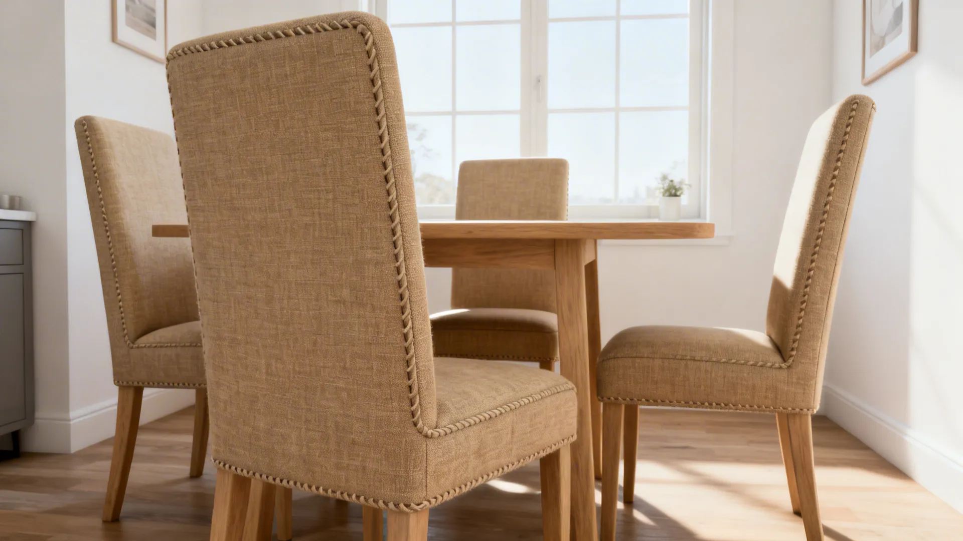 Oatmeal performance polyester-linen dining chairs in a bright compact dining room.