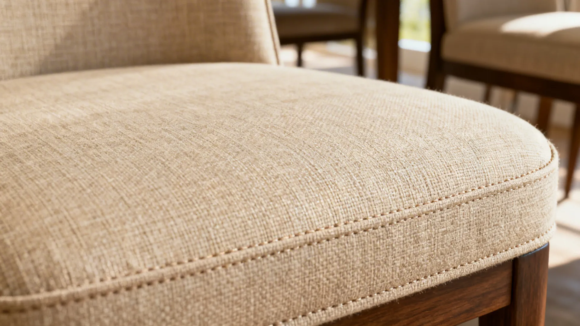 Macro of oatmeal performance polyester-linen weave with subtle slub and neat stitching.