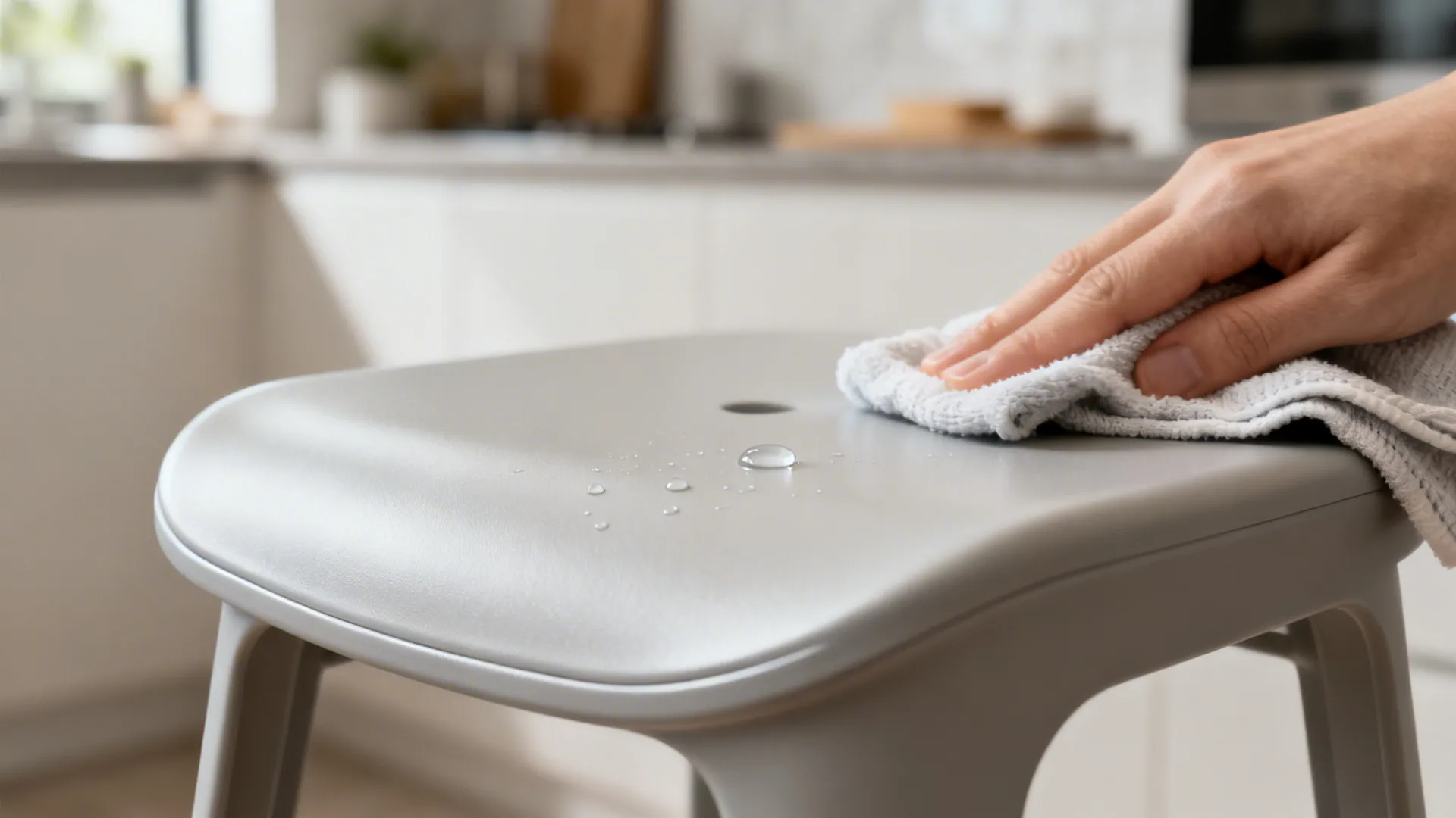 Water droplet beading on a matte polypropylene stool seat as it wipes clean.