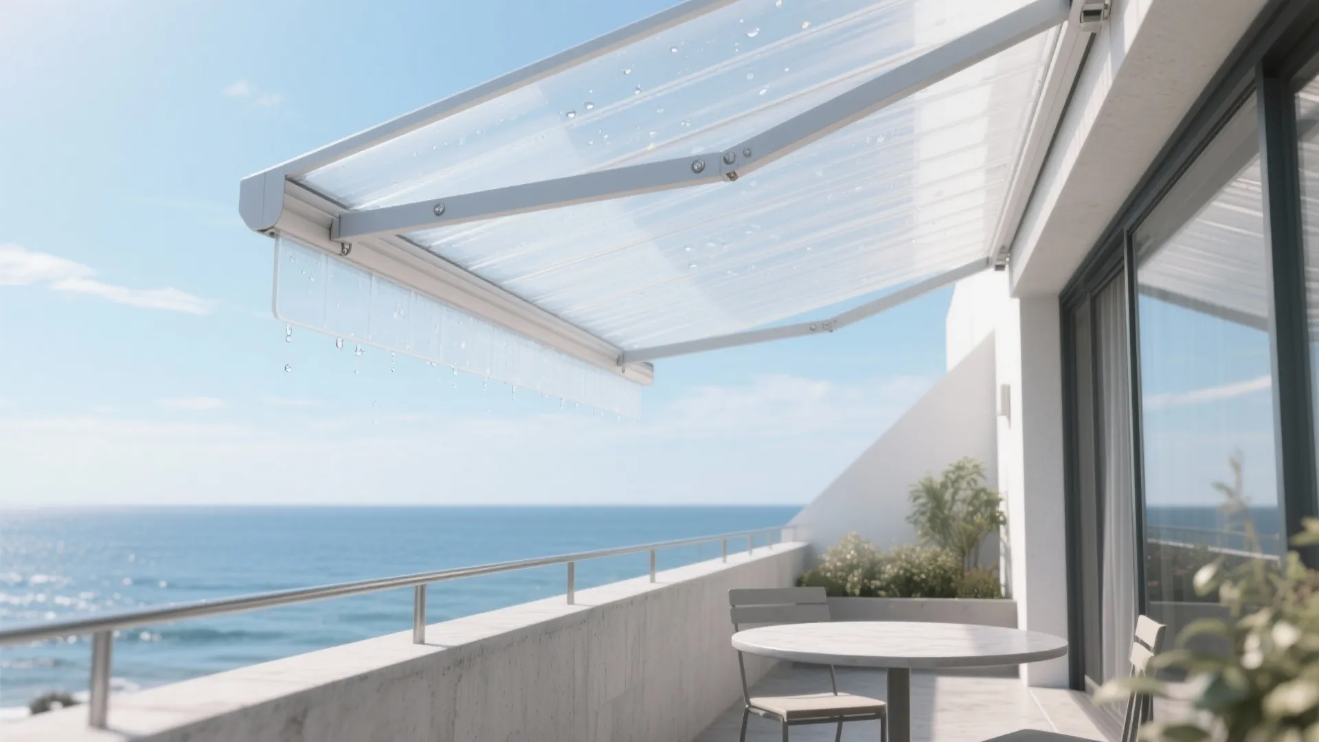 White balcony with clear plastic roof cover overlooking the blue ocean under a sunny sky