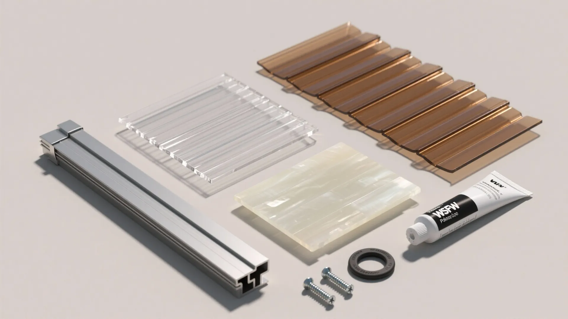 Collection of roofing materials including plastic panels metal frame pieces screws and white tube glue