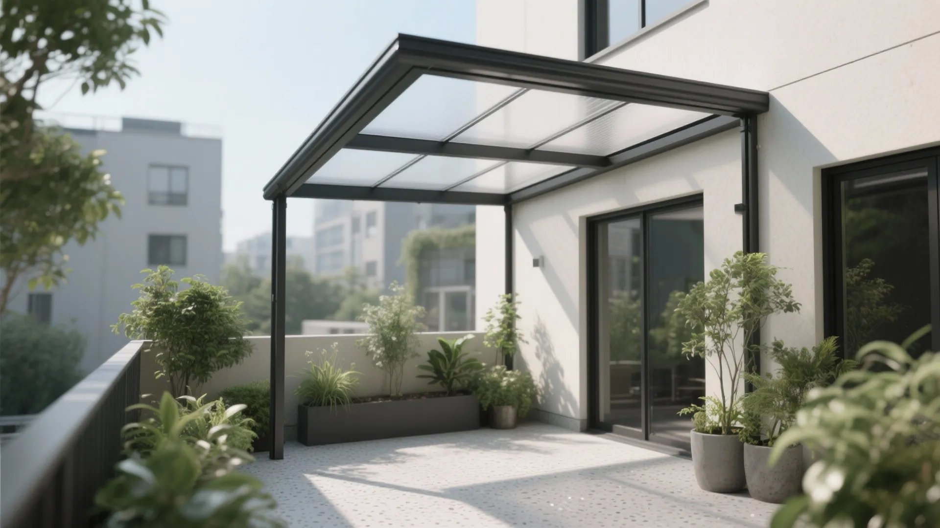 Modern balcony with black metal frame clear roof canopy, sliding glass door, and green plants