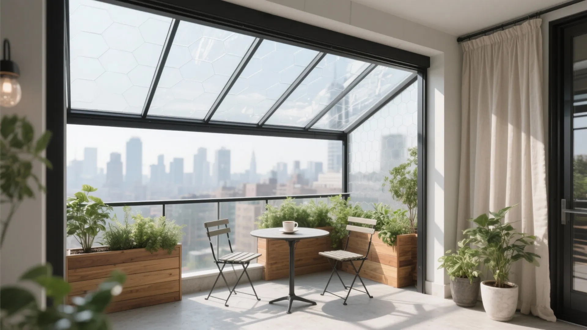 Modern balcony area with black frame glass roof, small table, two chairs, and green plants