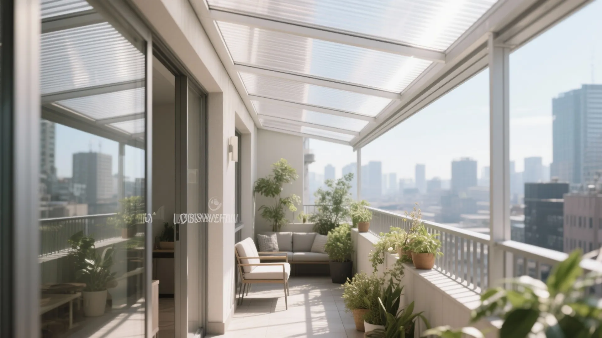 Narrow balcony with translucent polycarbonate roof diffusing daylight over plants and seating.