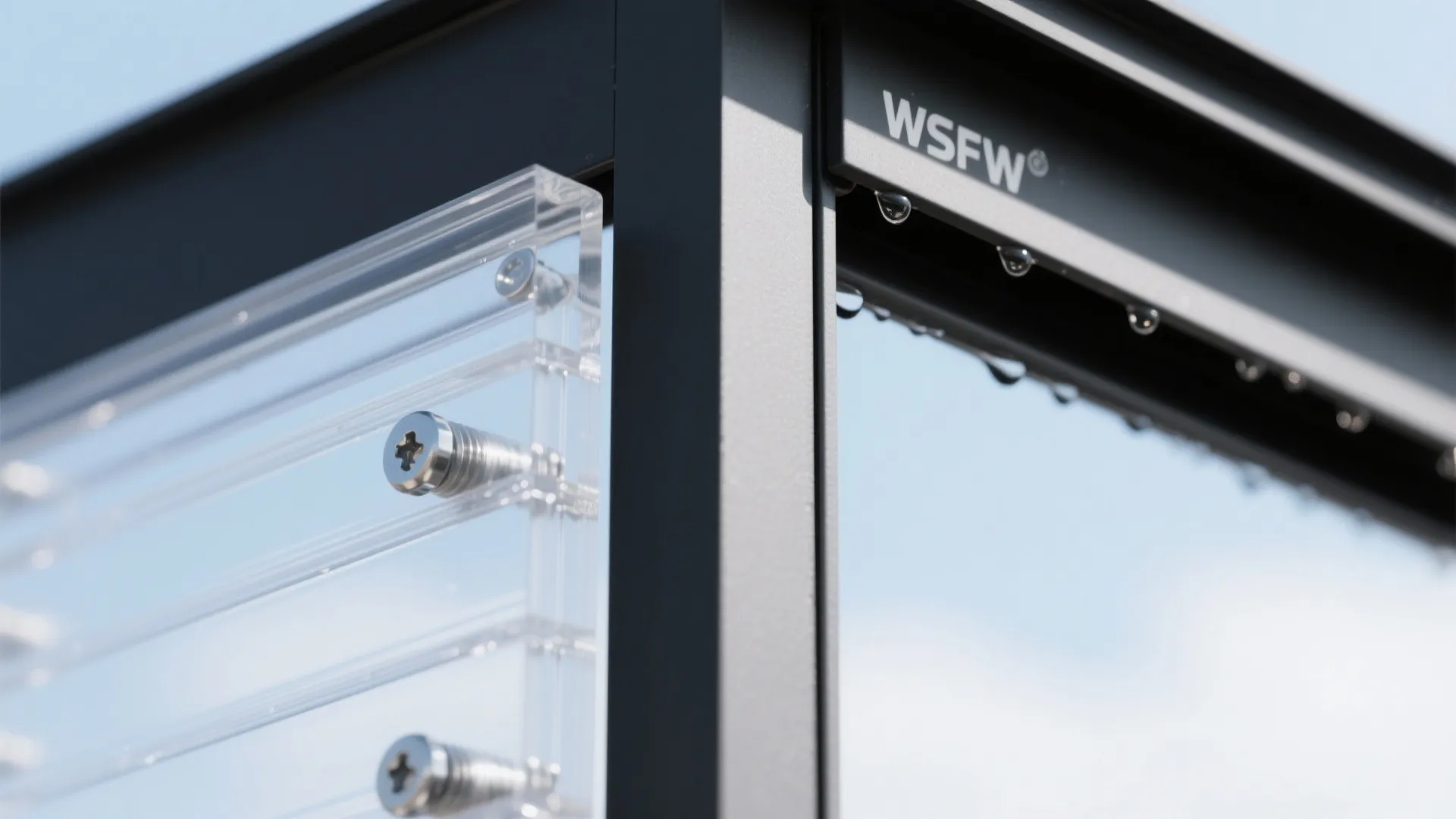 Close up of clear plastic panels with silver screws attached to a black metal frame
