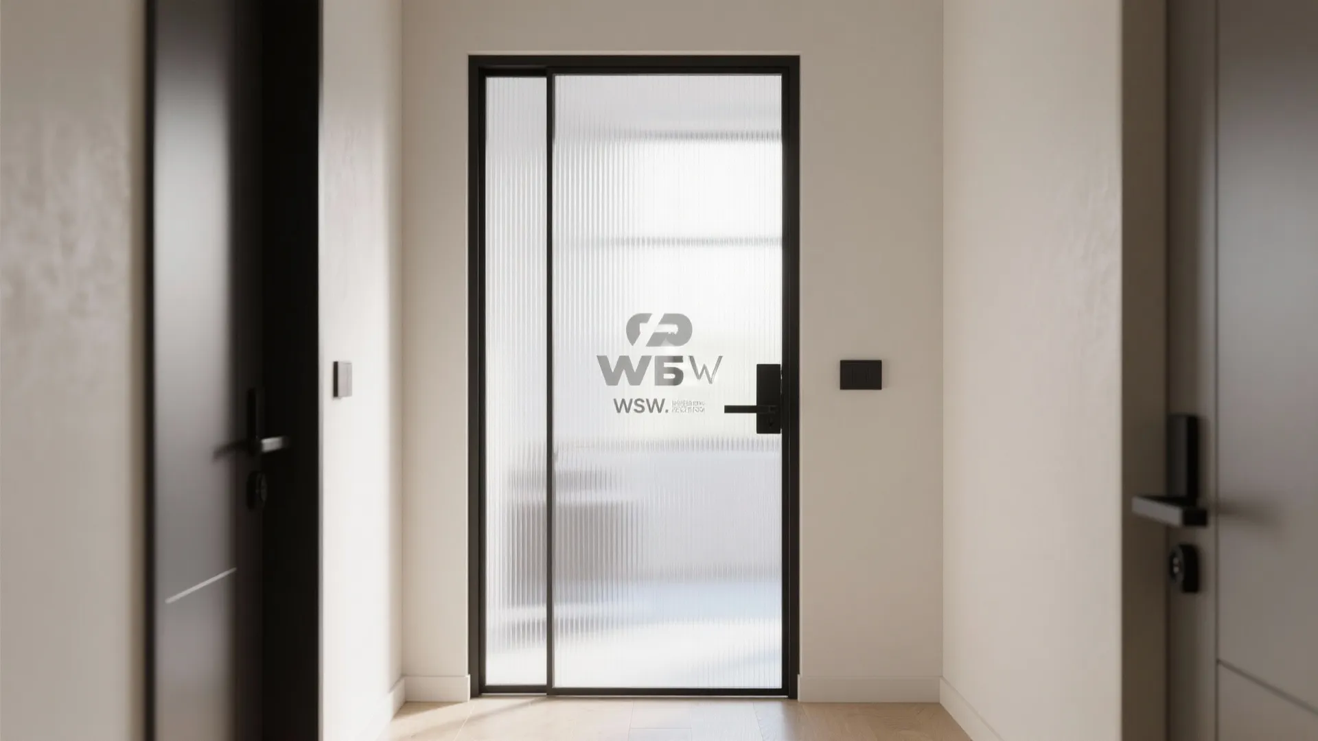 Translucent ribbed polycarbonate partition in slim aluminum channels softly divides a bright hallway.