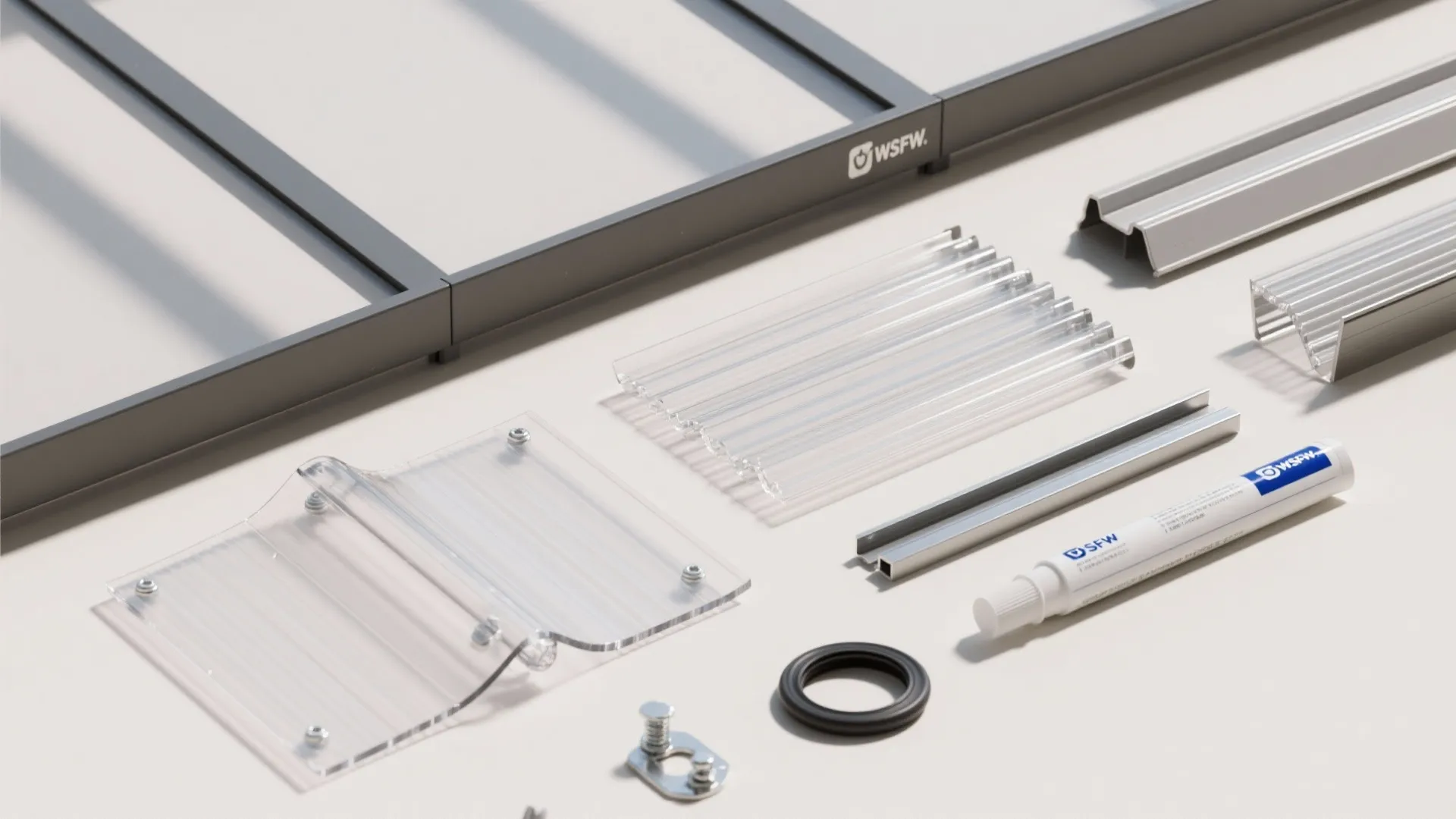 Top-down flatlay of clear polycarbonate panels, stainless hardware, and frame samples.
