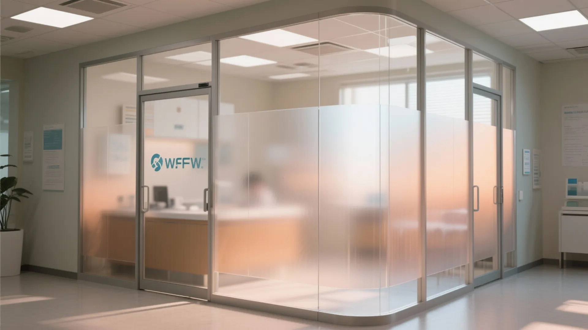 Modern clinic interior with frosted plastic wall partition separating a private office from the hallway