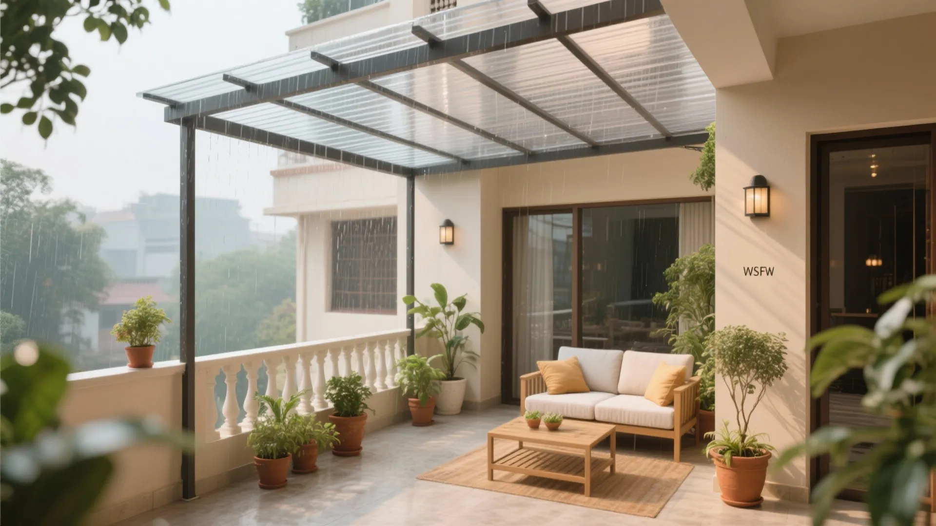 Outdoor balcony featuring clear plastic roof plus white sofa and wooden table with many green plants