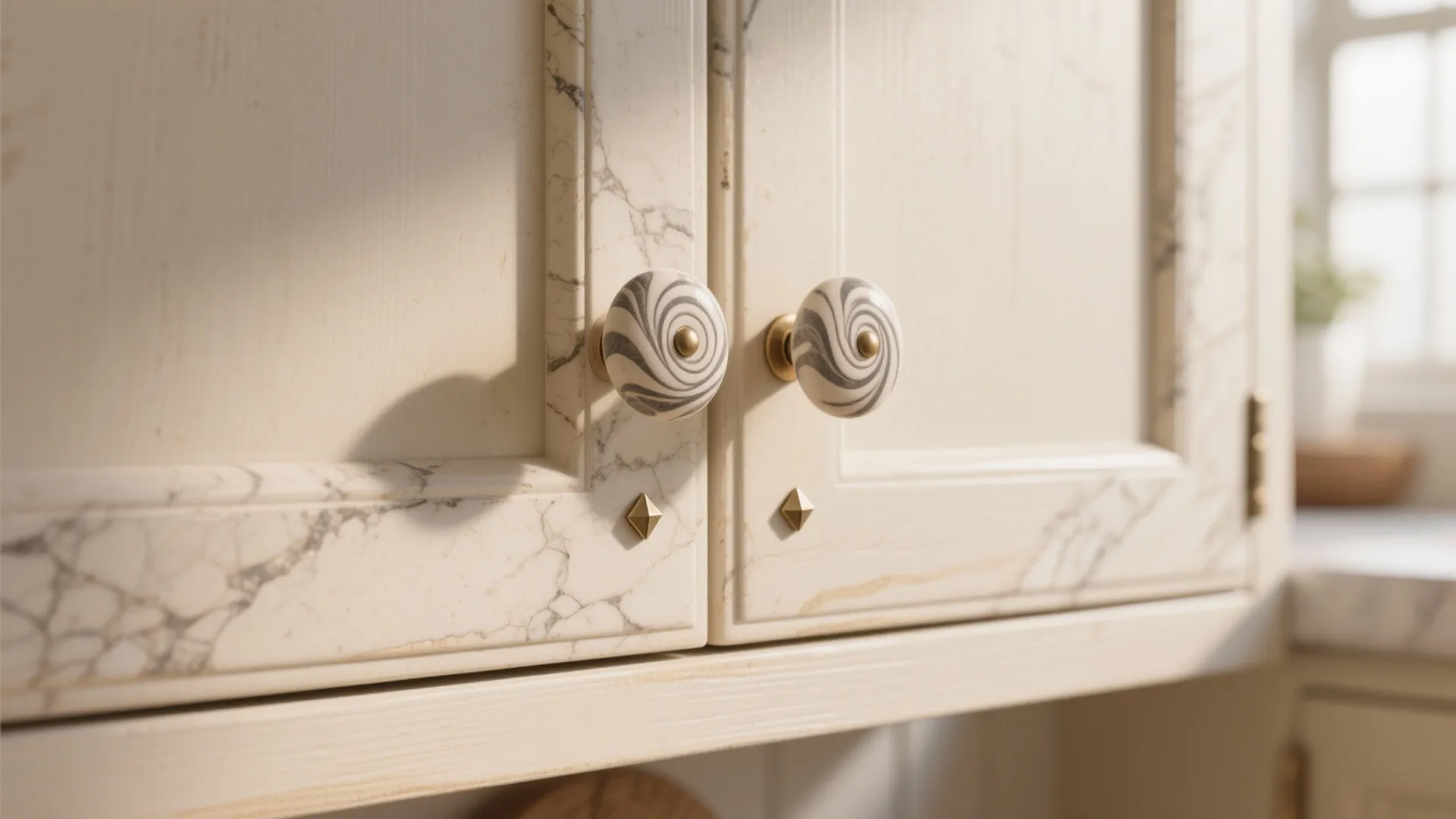 White kitchen cabinet doors with marble patterns featuring two round swirl patterned knobs and gold accents