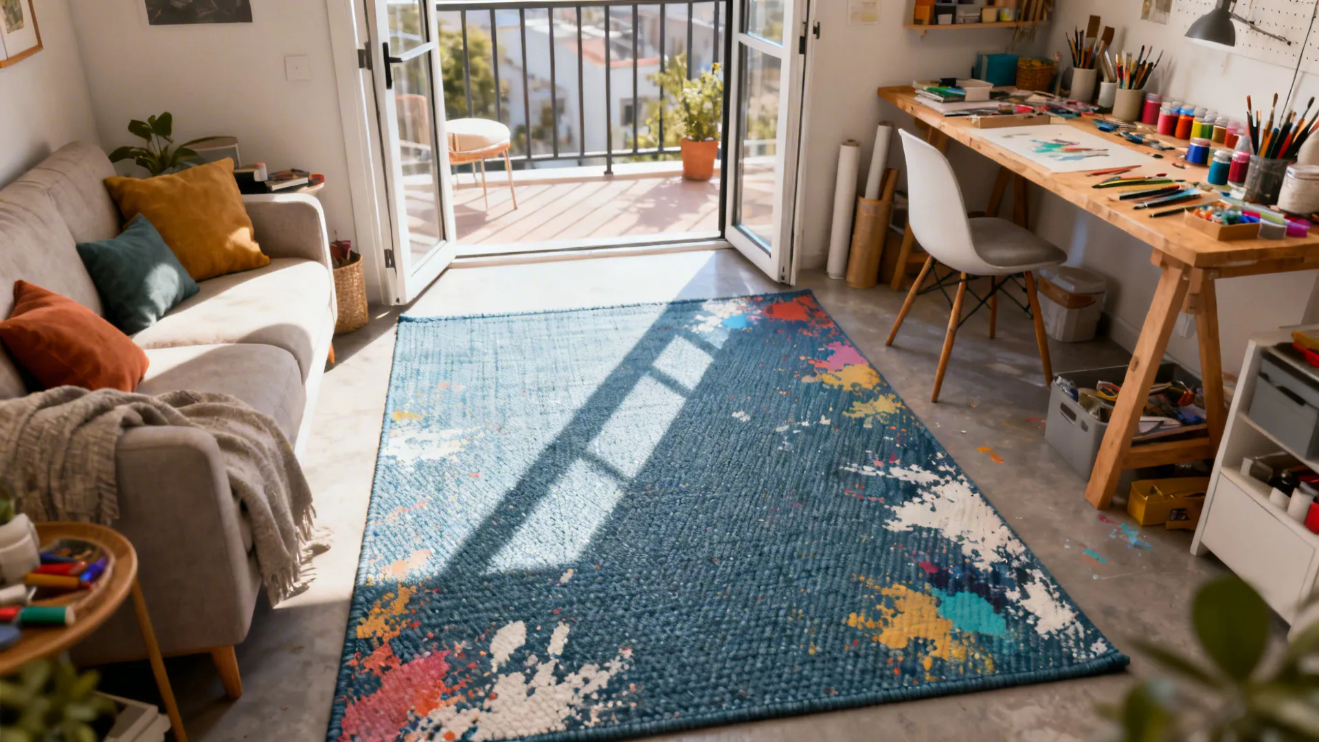 Small living room craft area with a durable indoor/outdoor polypropylene flatweave rug that can be hosed off.