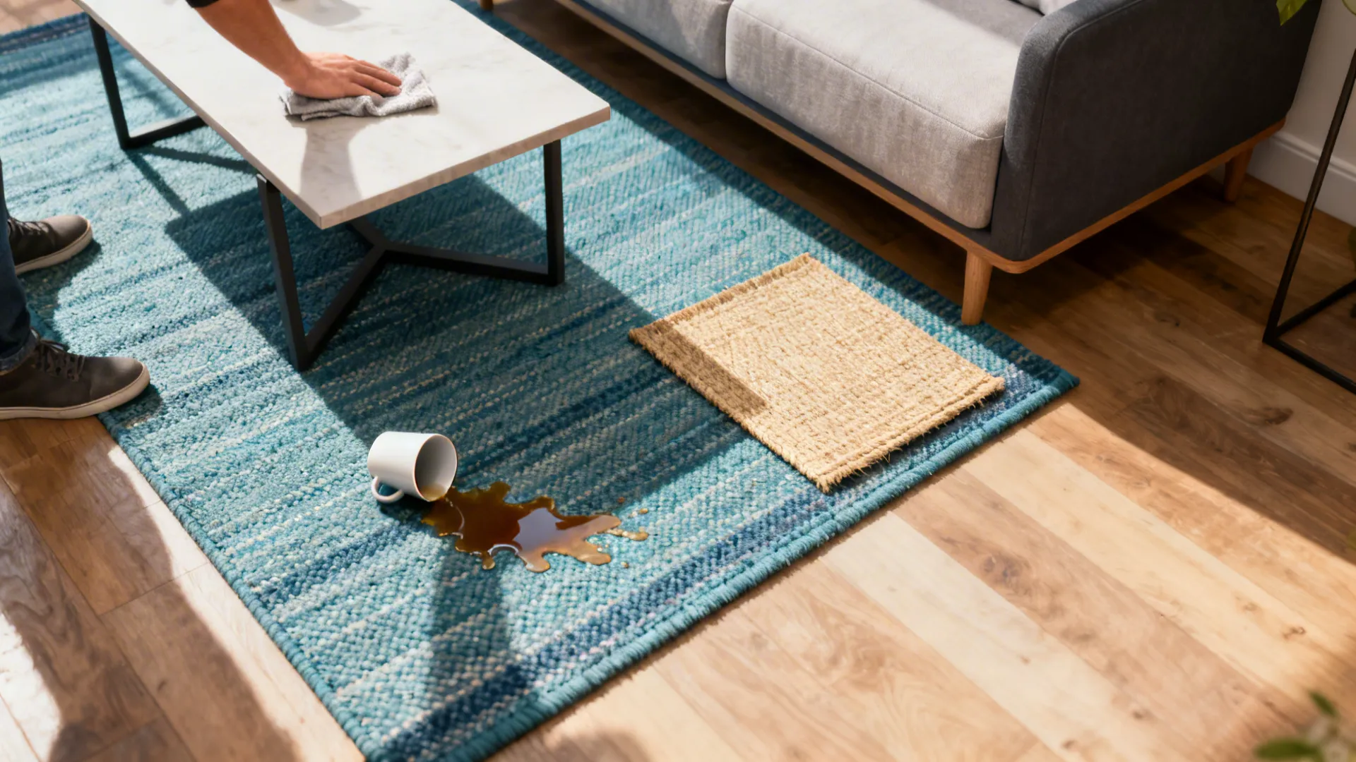 Urban living room showing an indoor-outdoor polypropylene rug being wiped clean.