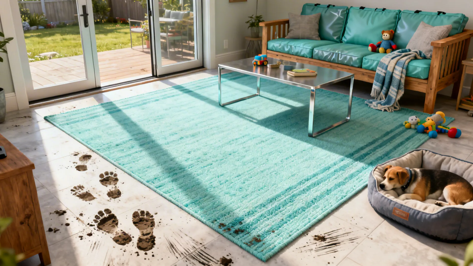 Coastal living room opening to a patio with an aqua indoor/outdoor polypropylene rug, showing quick-dry practicality.