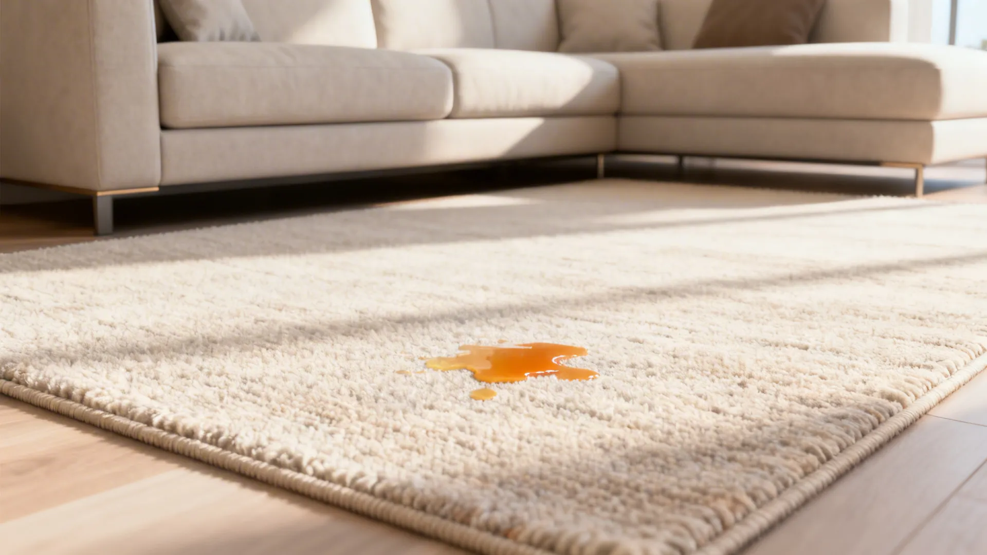 Practical low-pile polypropylene rug in a bright family living room being spot-cleaned