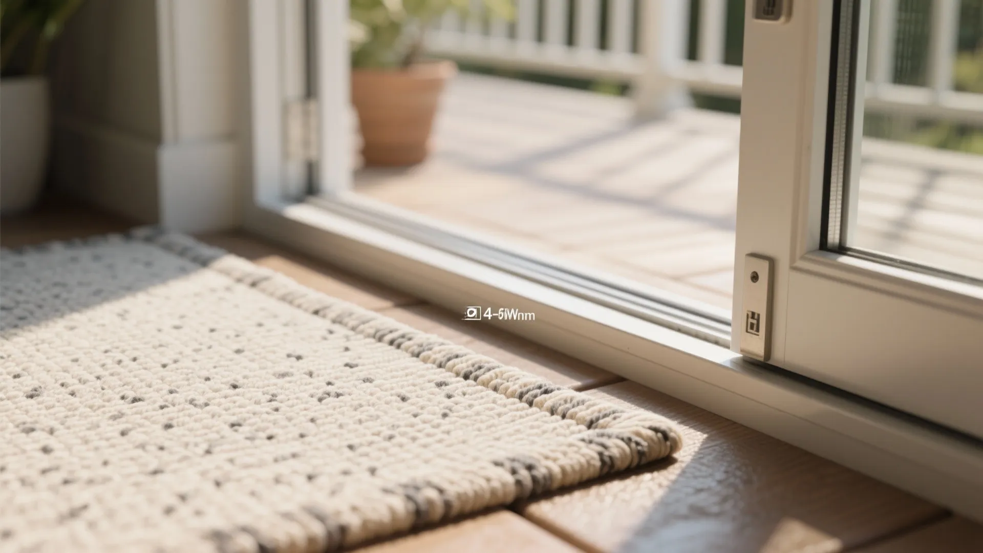 Macro of a slim polypropylene outdoor rug edge showing mixed-weave texture and low profile.