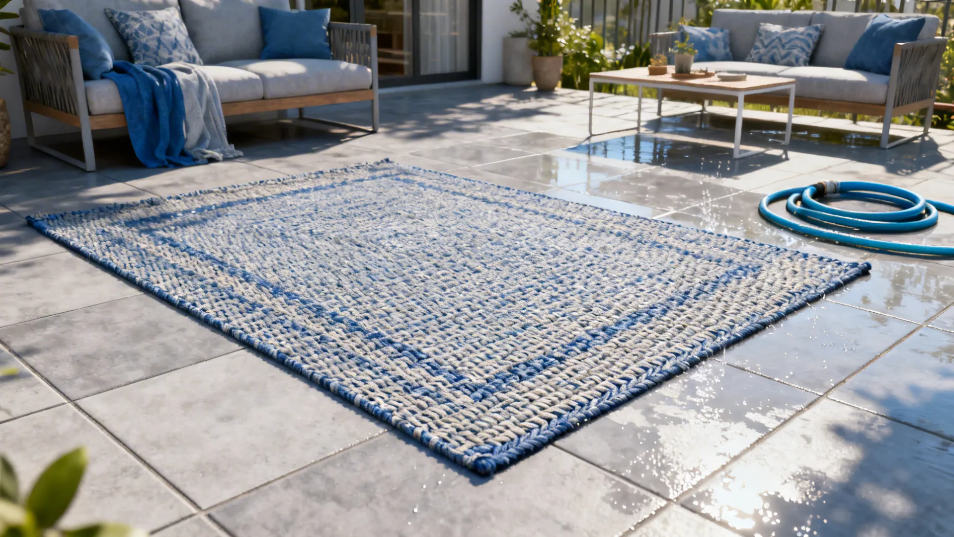 Woven polypropylene rug on a sunny patio showing durable, easy-to-clean weave