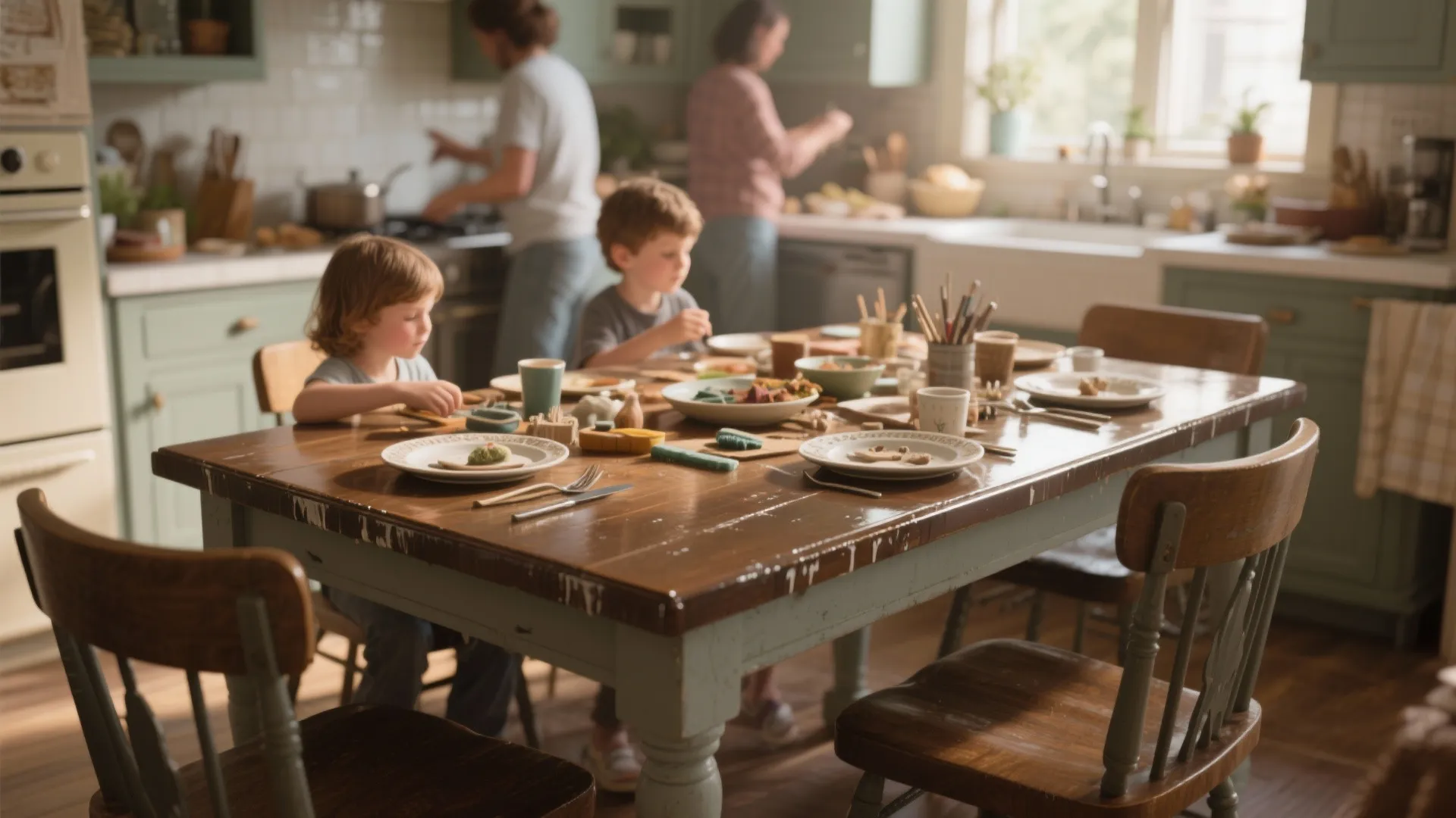 Small oak dining table with satin two-part polyurethane finish in active family setting