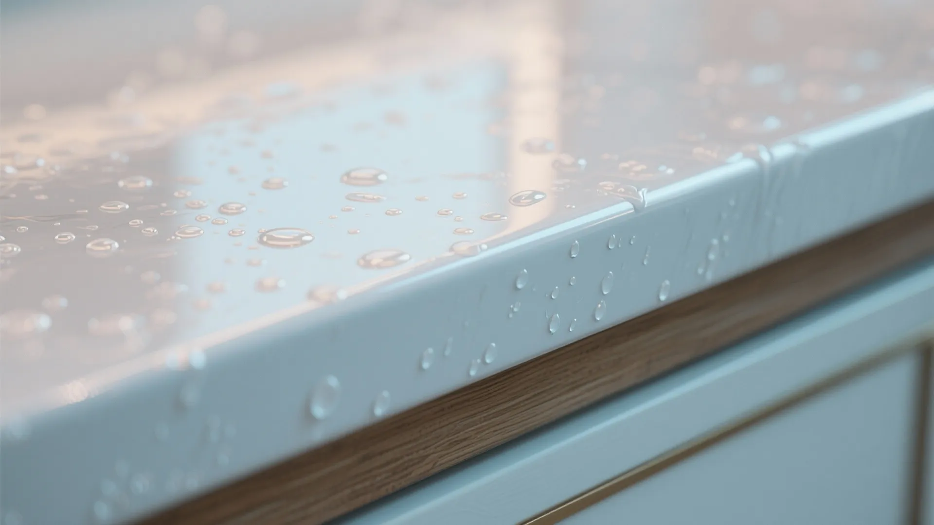 Close up view of water droplets on a white waterproof cabinet surface with wood trim
