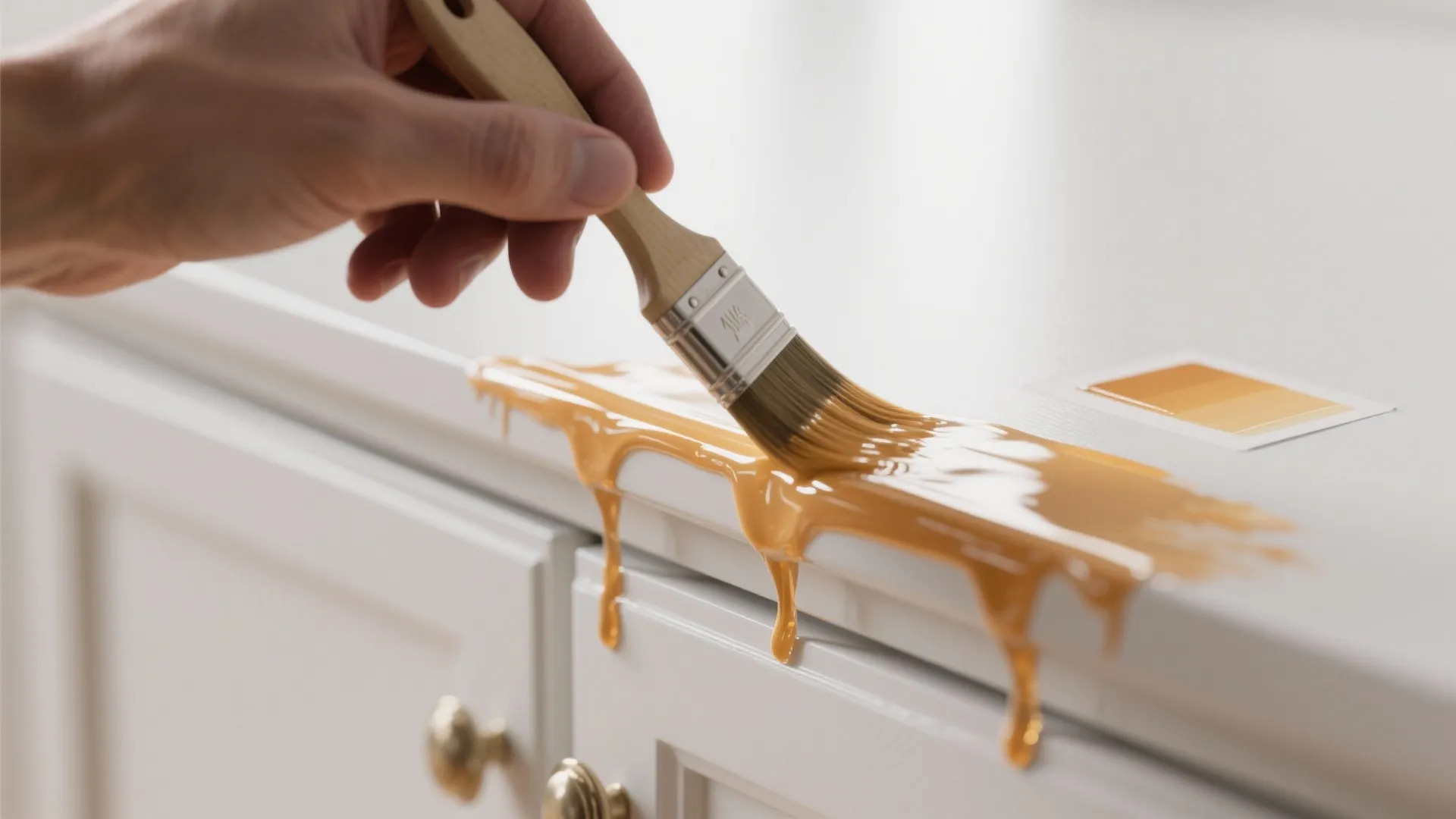 Hand using a brush to apply thick yellow paint onto a white wooden storage cabinet