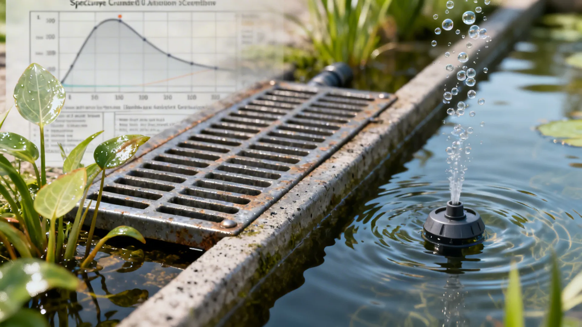 Detailed close-ups of pump grate, marginal plants, and pond aeration elements for small ponds.