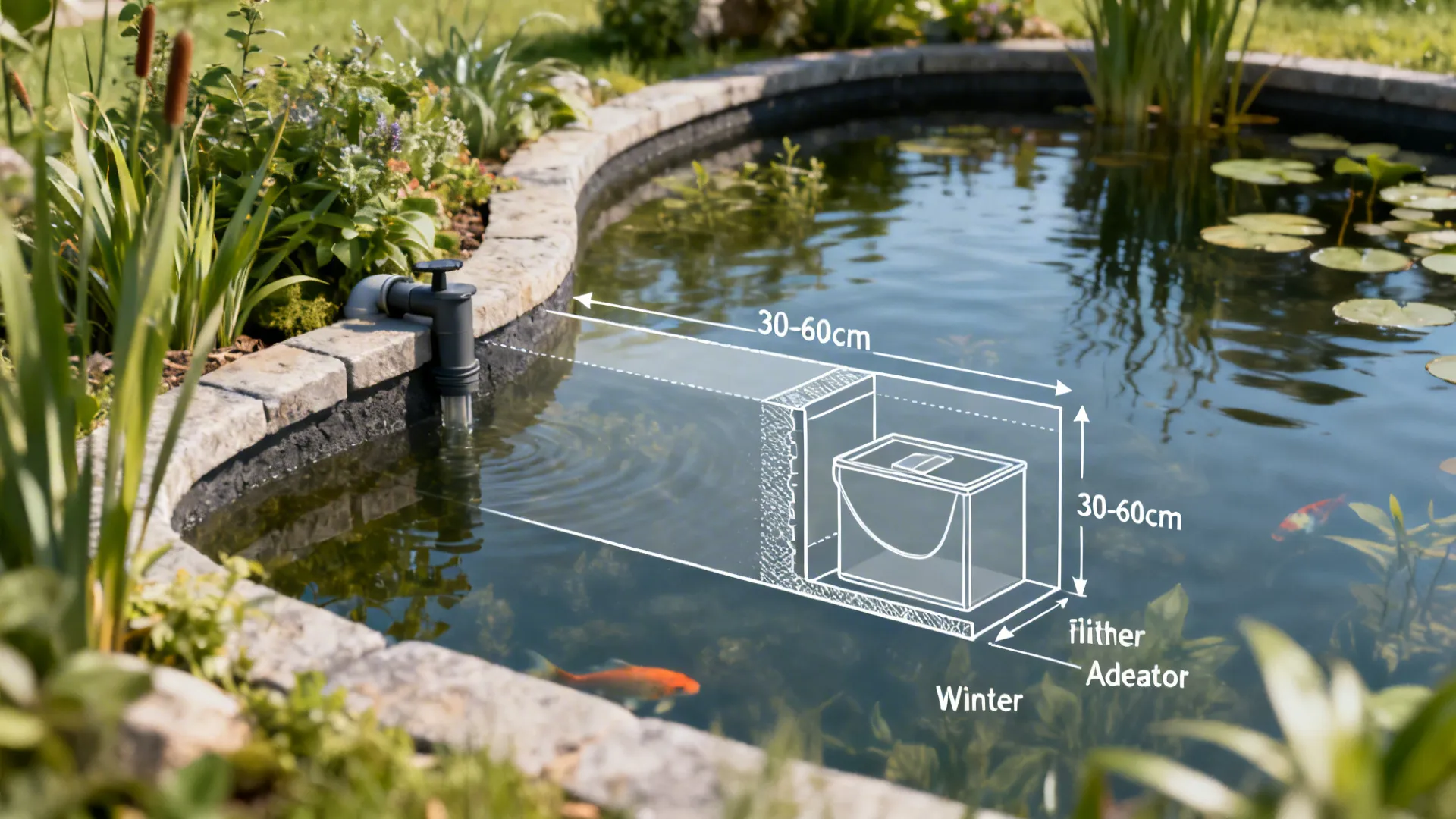 Mini-pond cross-section diagram showing depth, pump placement, filter box and winter aerator overlaid on a real pond image.