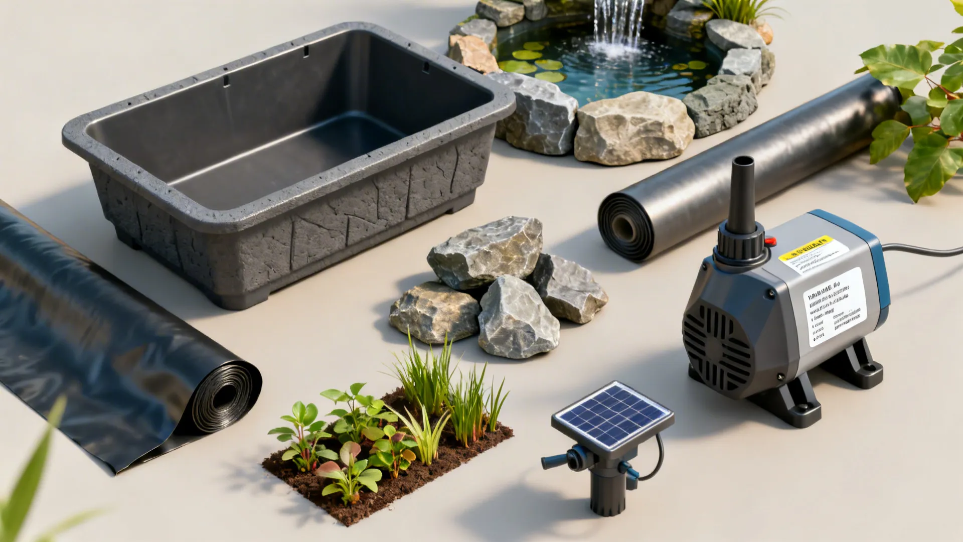 Flatlay of small pond materials including preformed basins, faux rock, pumps, liner and plants.