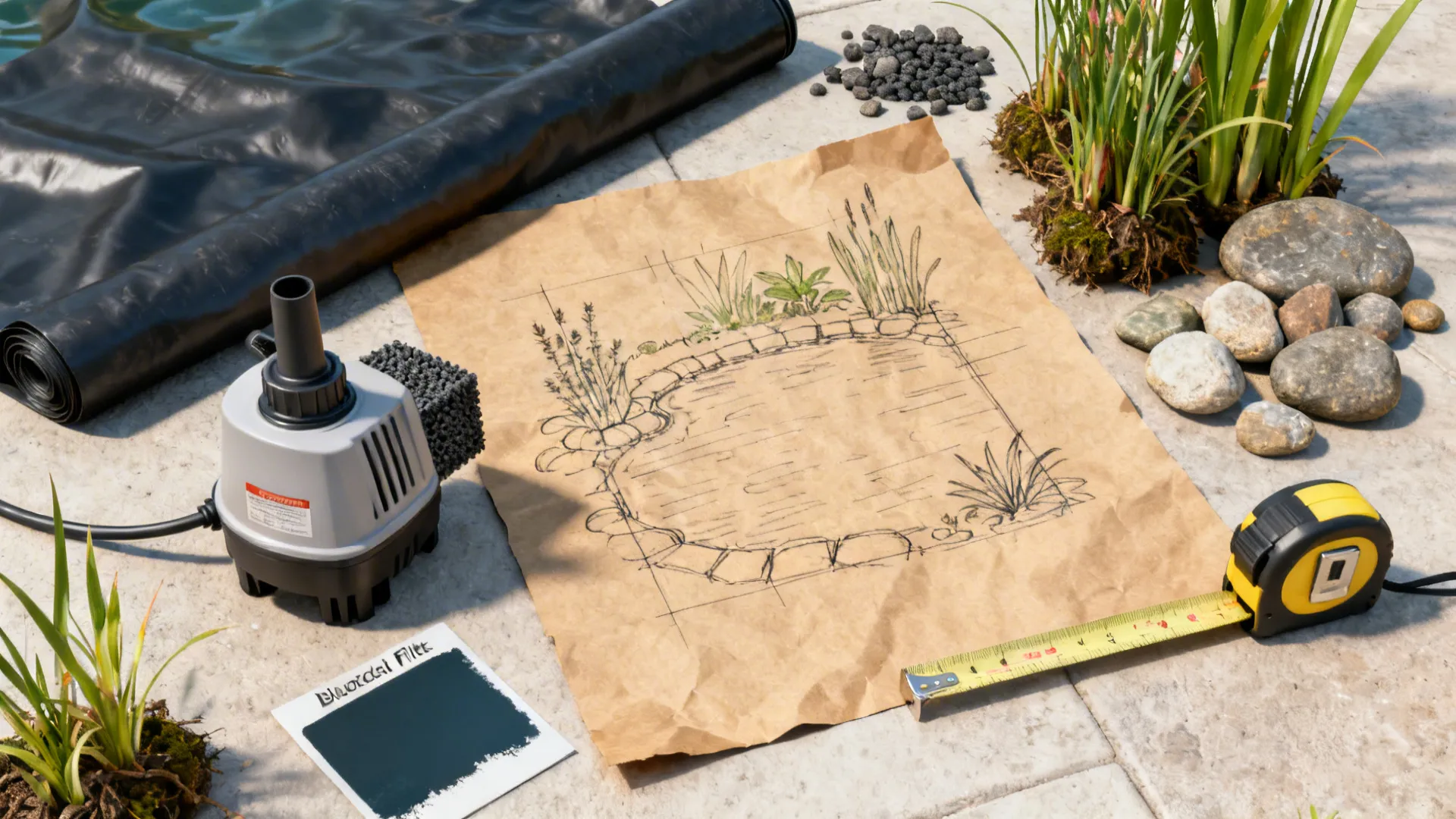 Flatlay of pond building materials: pump, filter media, liner swatch, stones, plant samples and layout sketch.