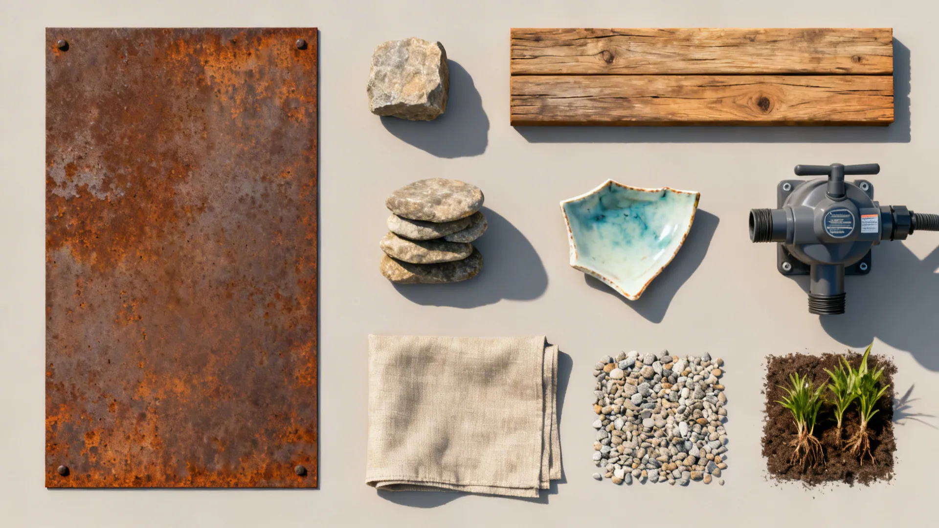 Flatlay of materials and components for raised ponds including corten sample, timber, stone, liner, pump, and plants.