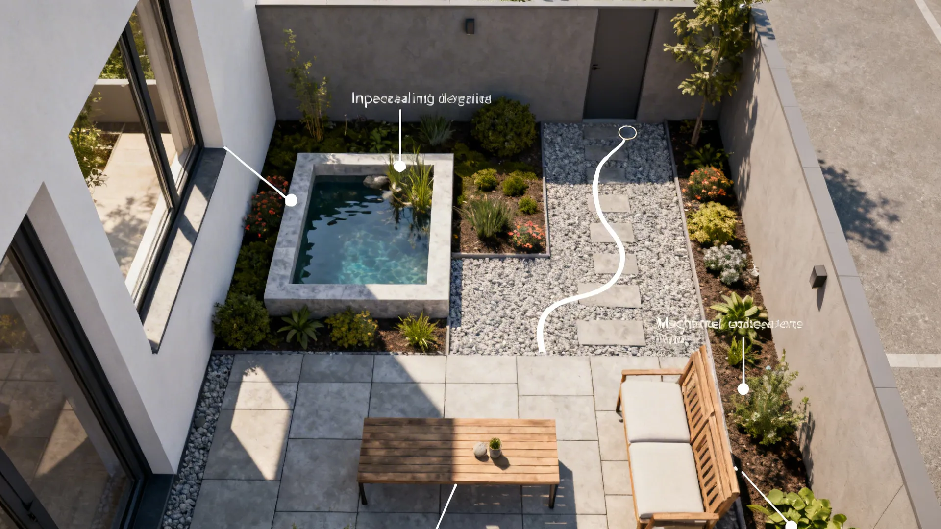 Top-down garden layout illustrating optimal raised pond placement near seating and window sightlines with maintenance access.