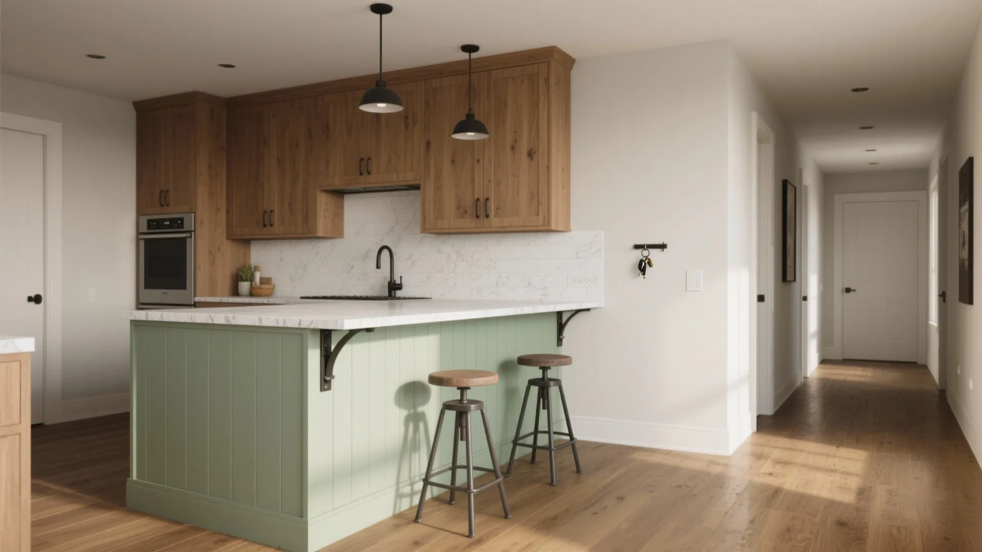 Half-height breakfast bar partition with storage, overhang seating, and clear hall-to-kitchen circulation.