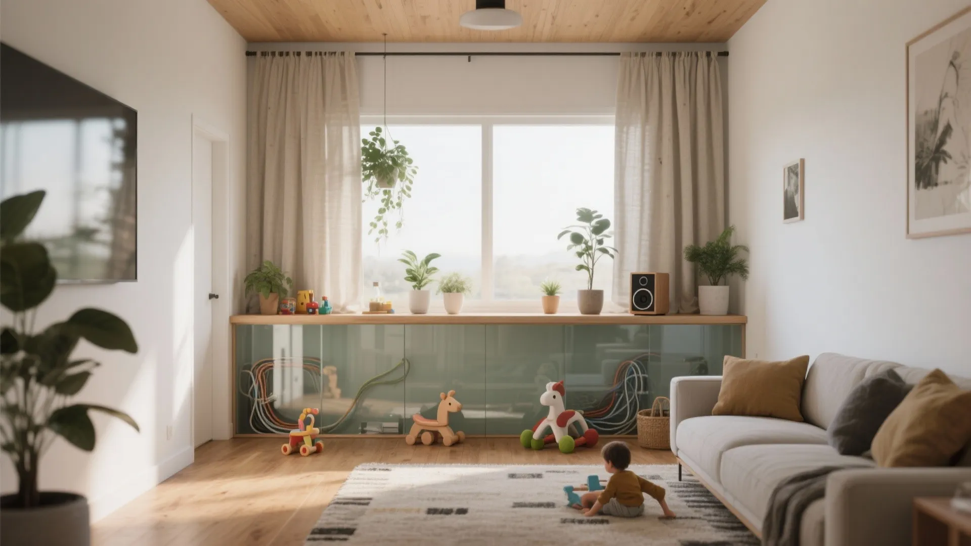 Child playing on a rug in a bright room with window curtains and toy storage