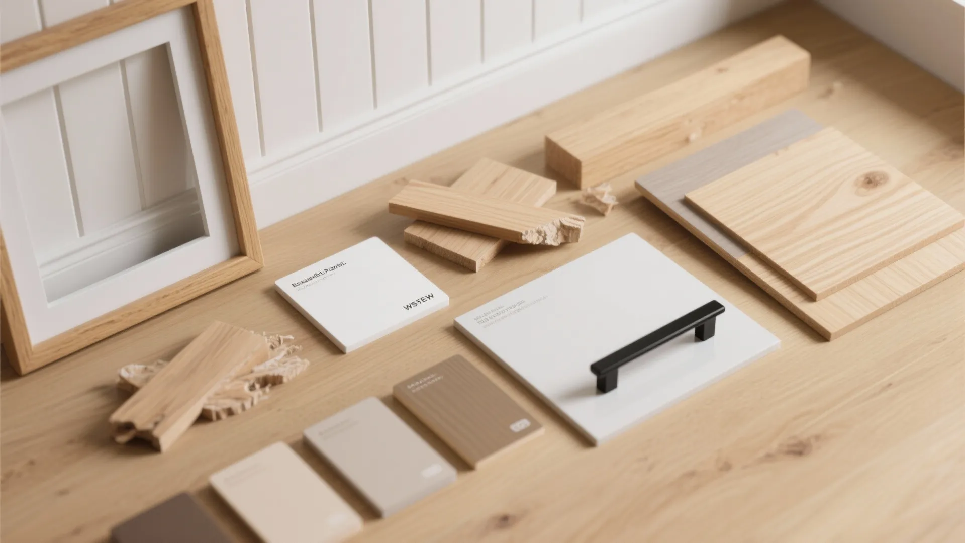 Interior design material samples including wood blocks white cabinet boards metal handle and color paint cards