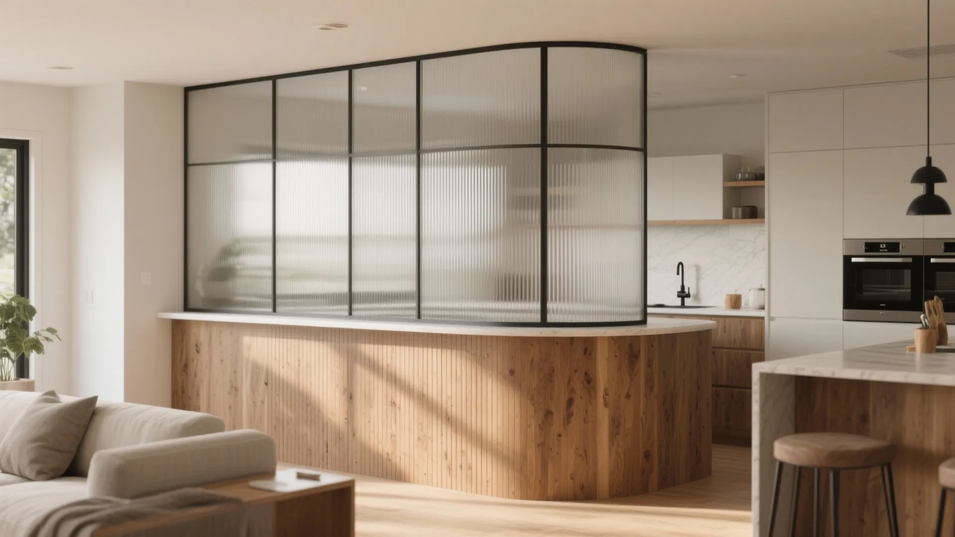Modern kitchen with a curved ribbed glass partition on a wooden base and white cabinets