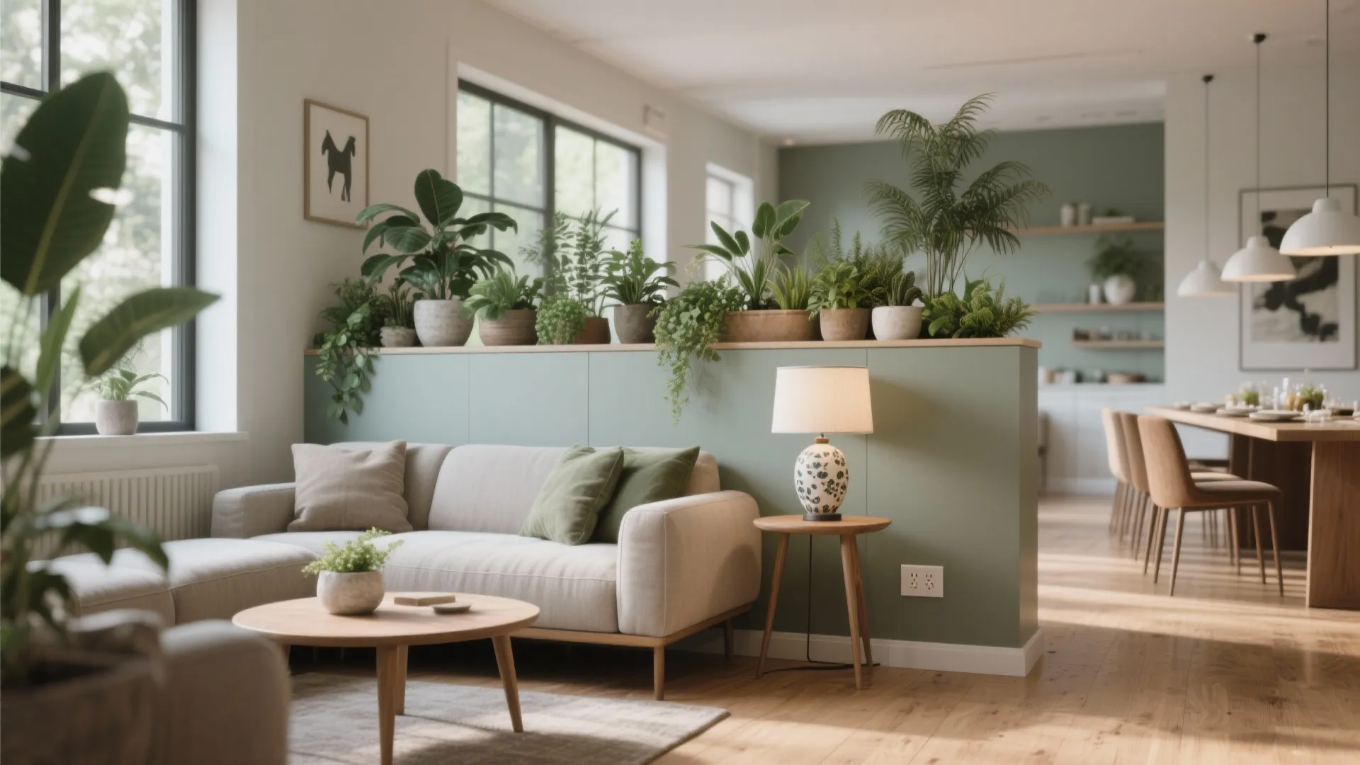 Modern living room featuring a green half wall decorated with many small green potted plants