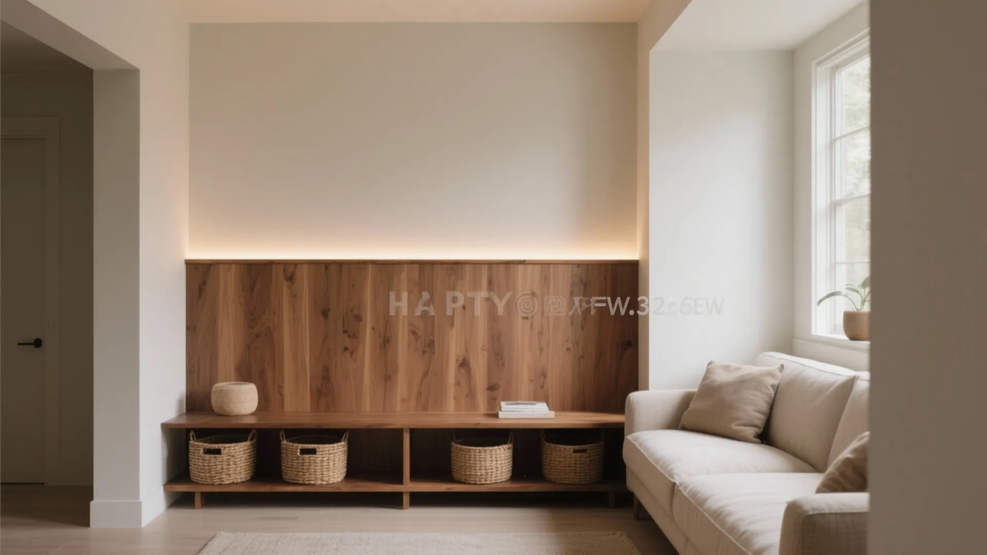Modern living room featuring a wooden wall panel with built in lights and storage baskets