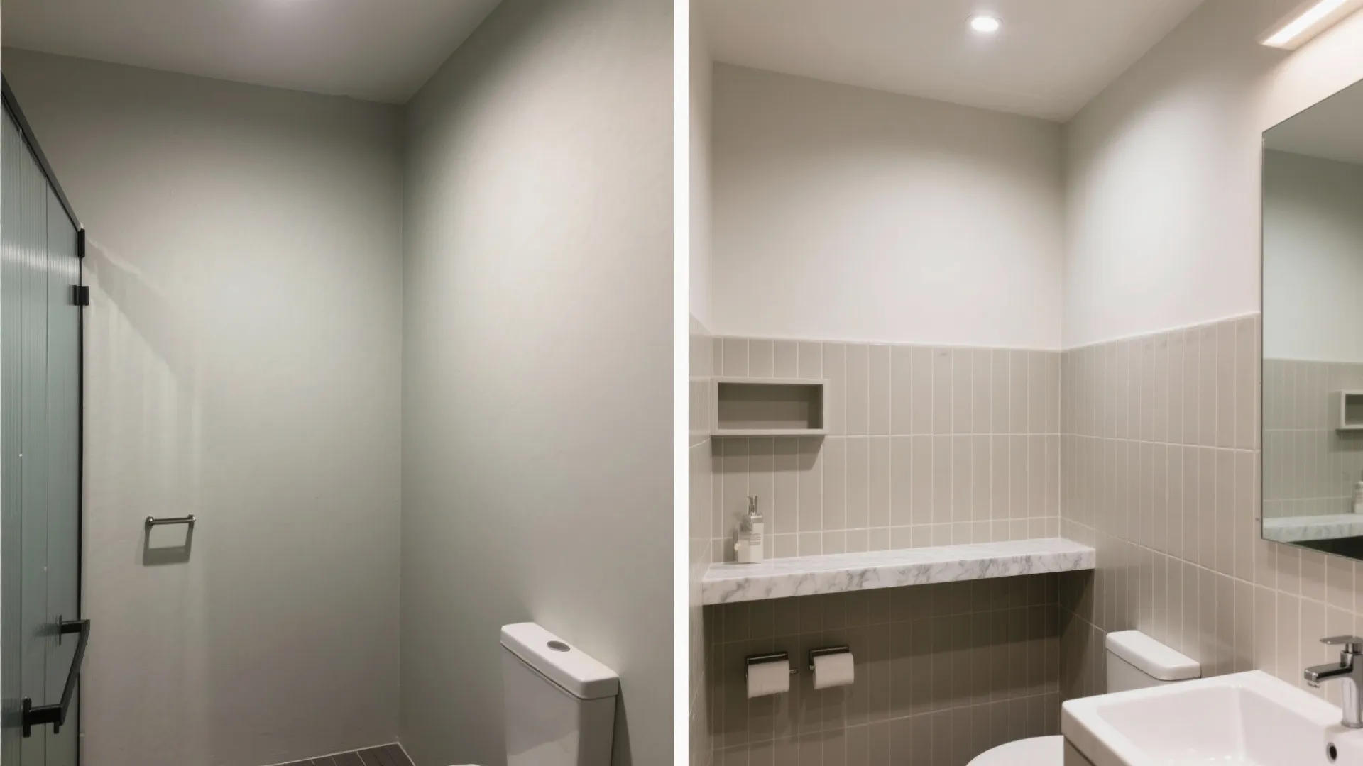 Before-and-after comparison of a plain bathroom wall versus a tiled half wall with marble shelf