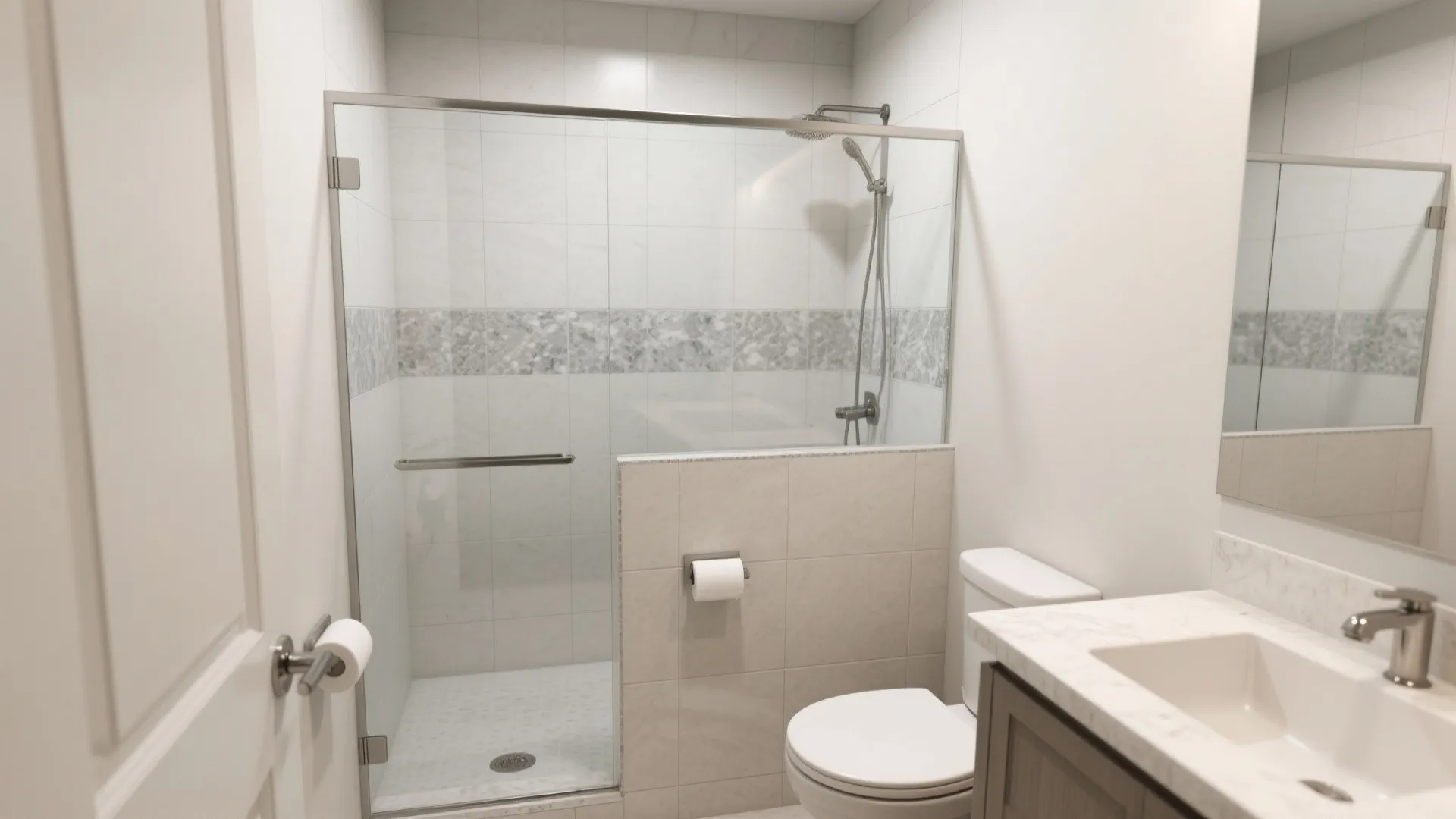 White bathroom with tiled wall panel and glass divider for shower area toilet and sink