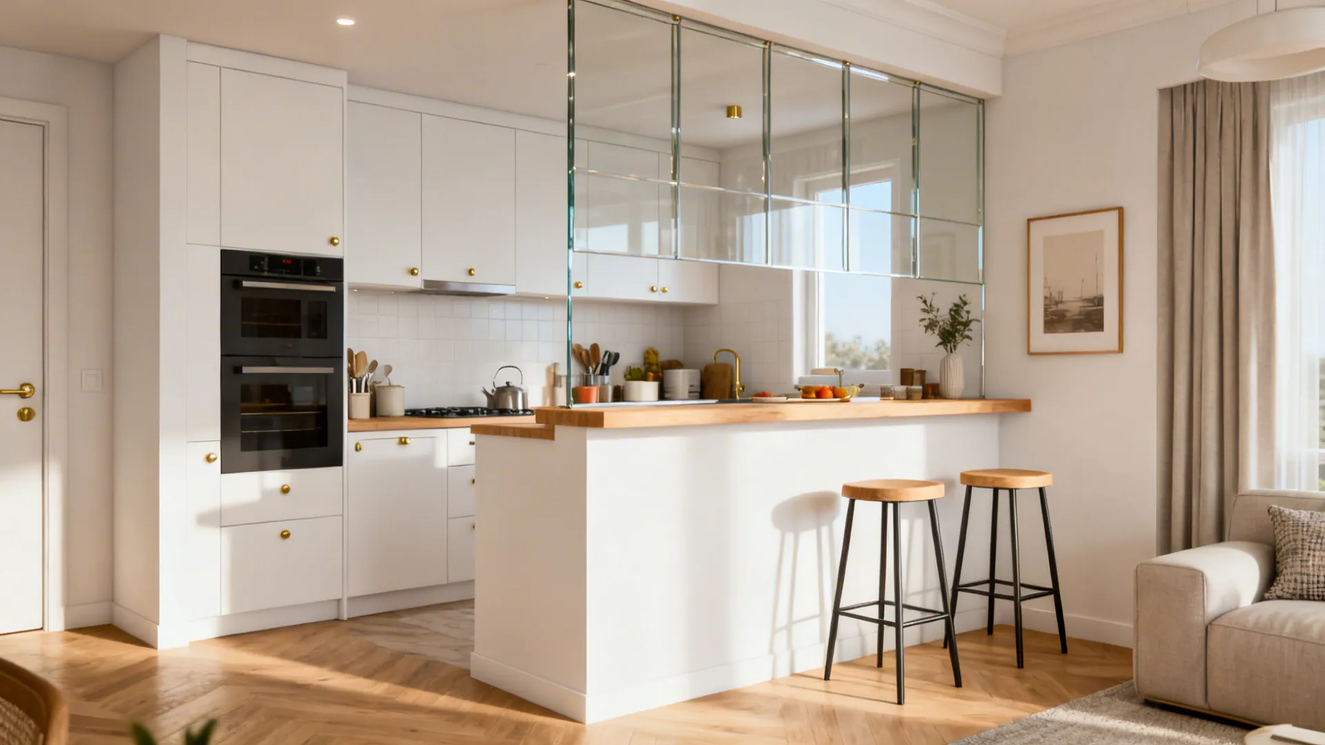 Half-height kitchen wall with clear glass upper panels and a breakfast ledge.