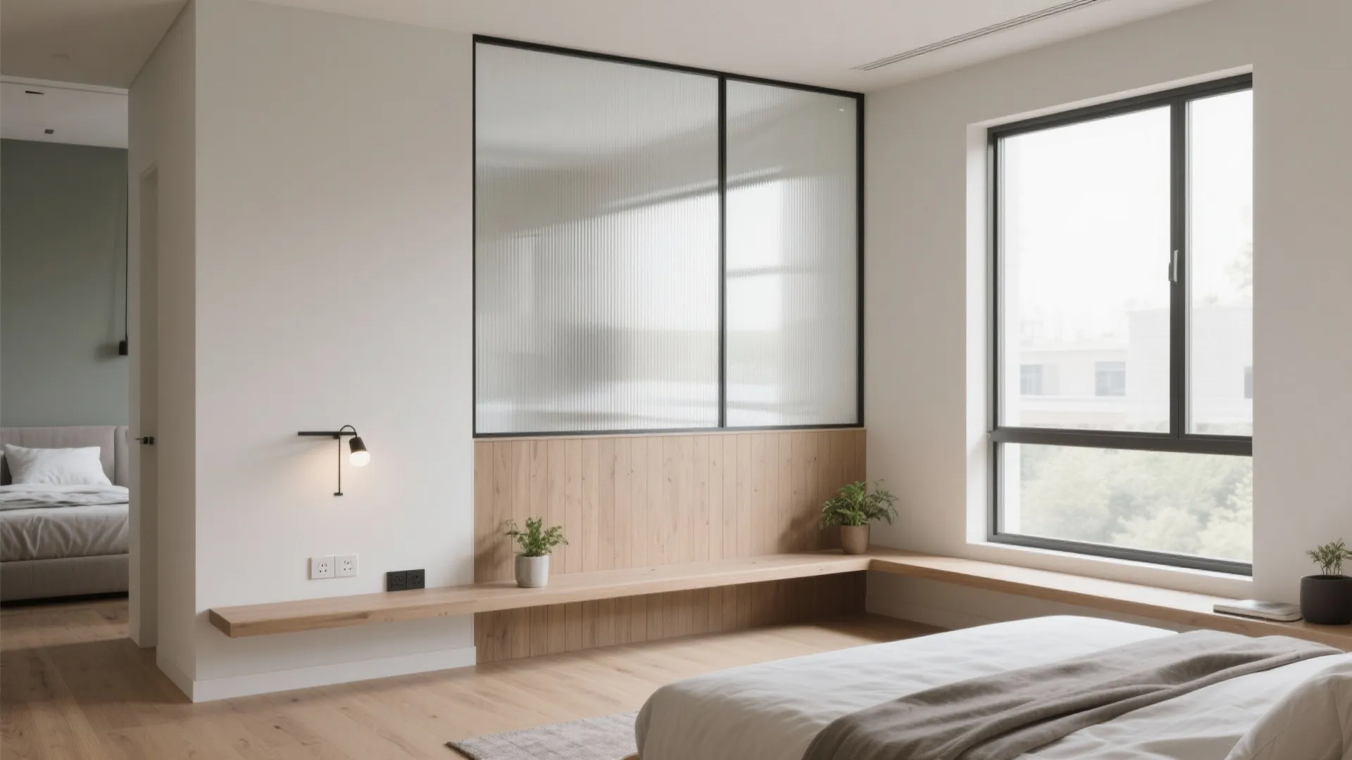 Modern bedroom with wooden wall panel glass partition black window frame and small potted green plants