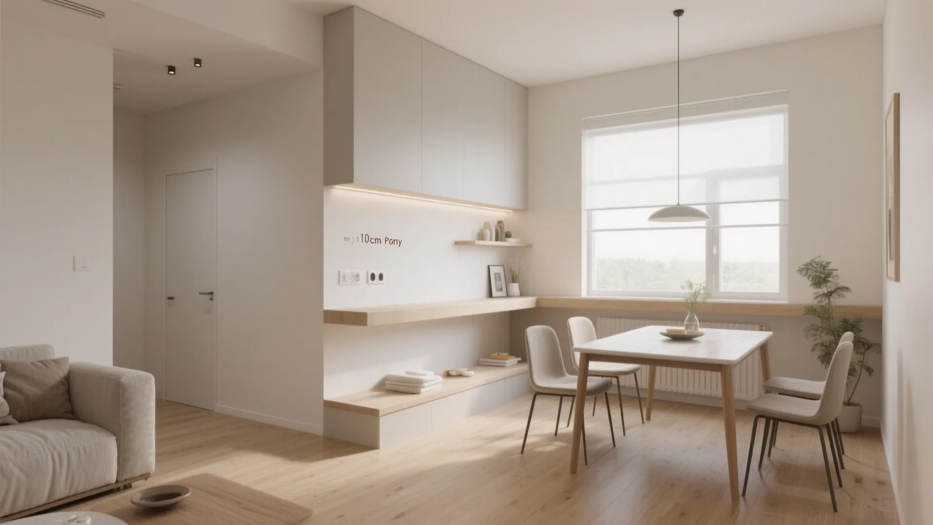 Modern dining area with wooden table chairs white walls and wooden shelves near a window