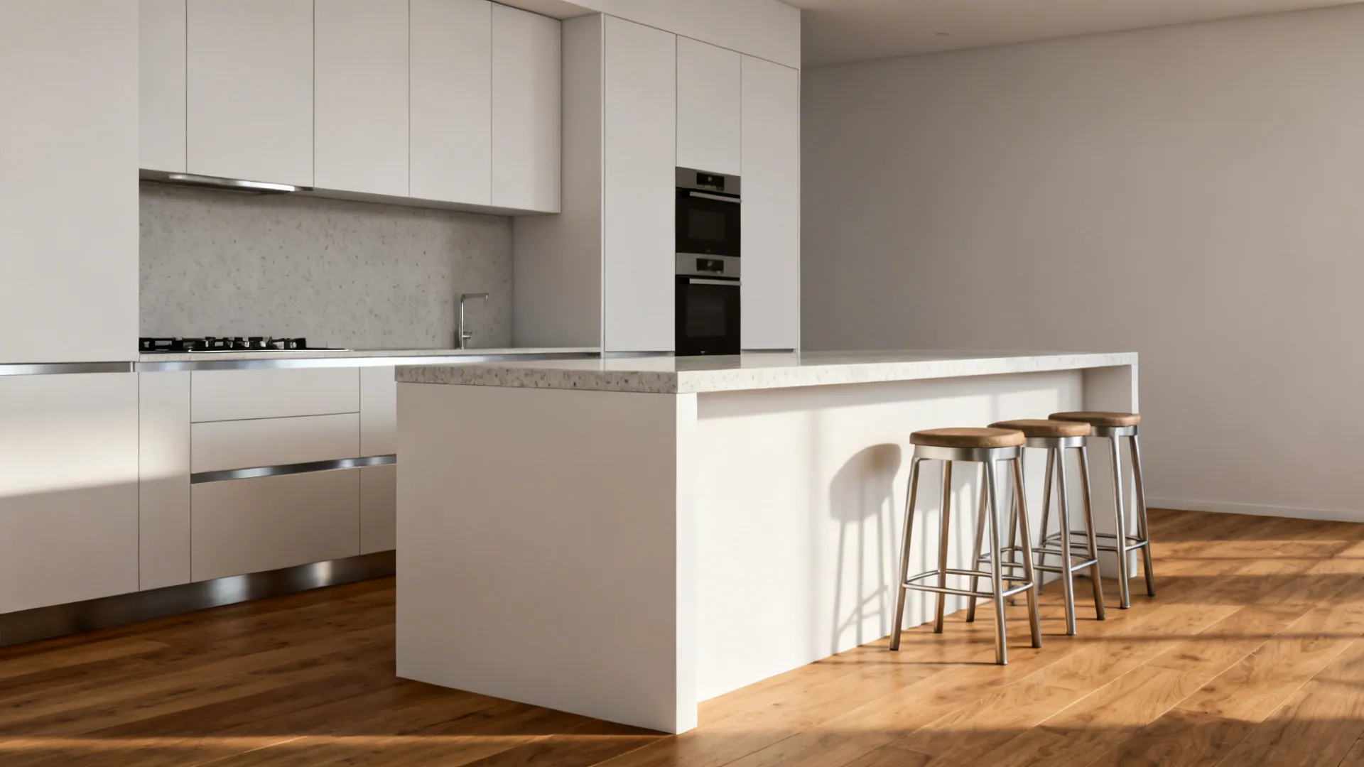 A quartz-capped half wall divides kitchen and dining while adding a slim serving ledge.