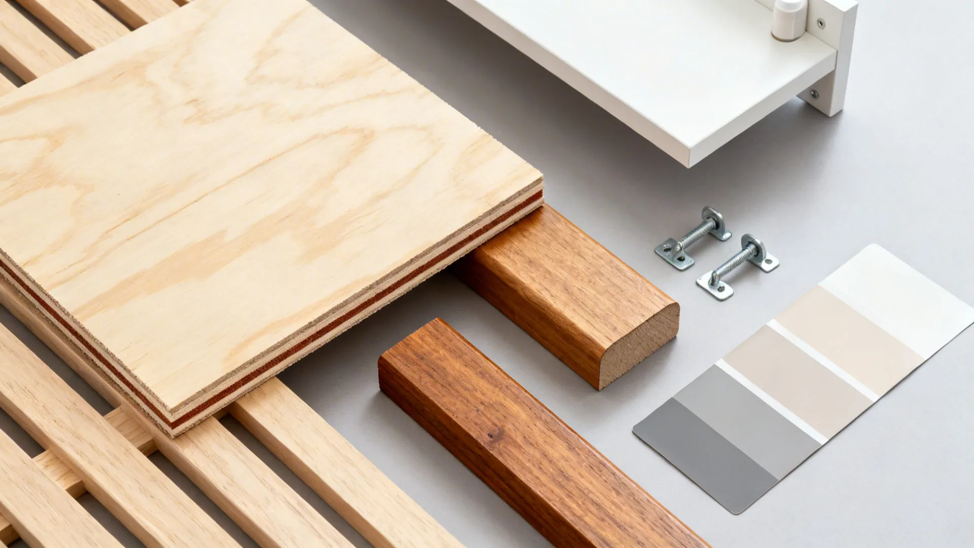 Flat lay of birch plywood, edge banding, wood cap, finish, and hardware for a pony wall.