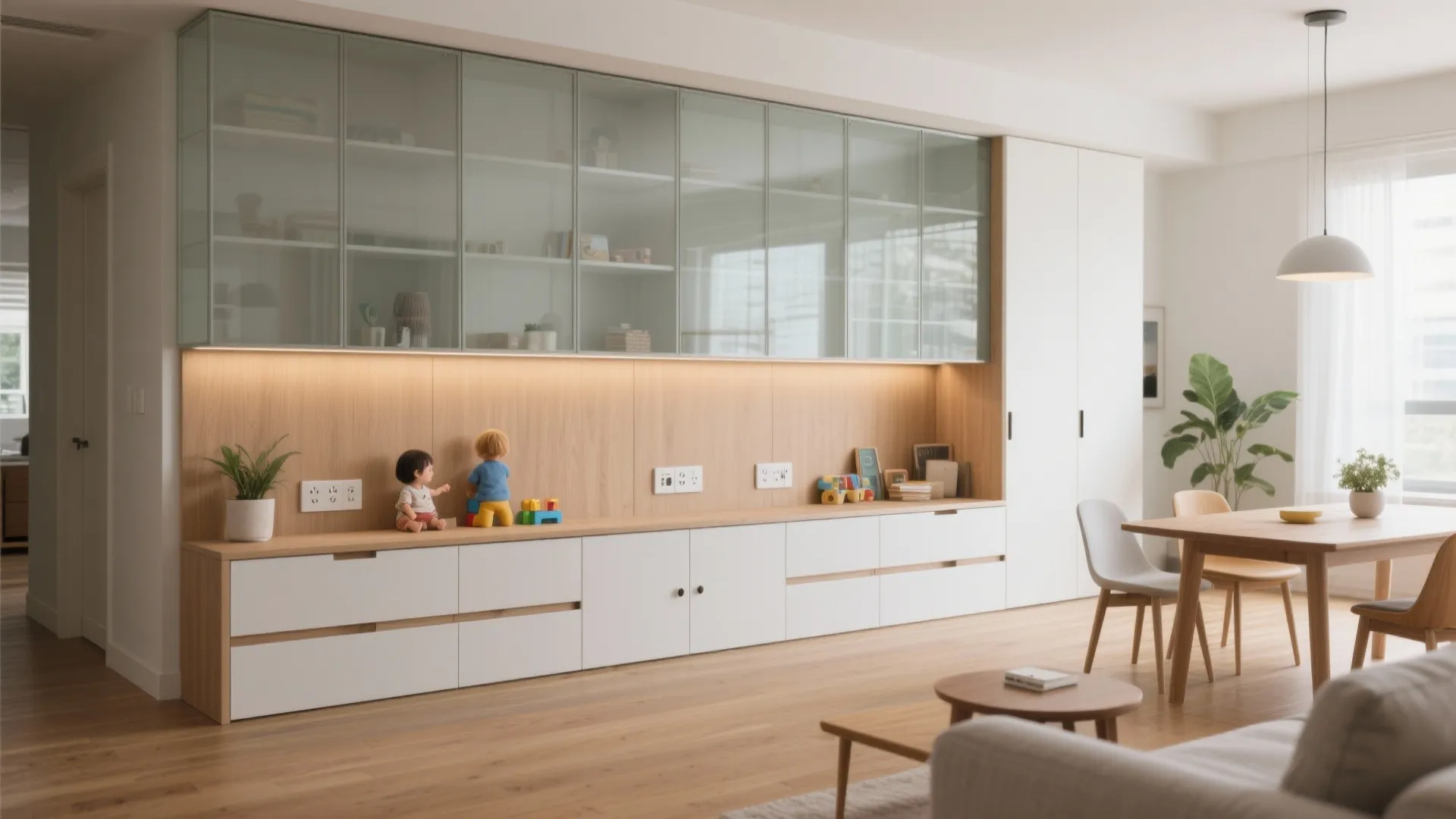 4) Half-height storage base with glass above (the “pony wall”)