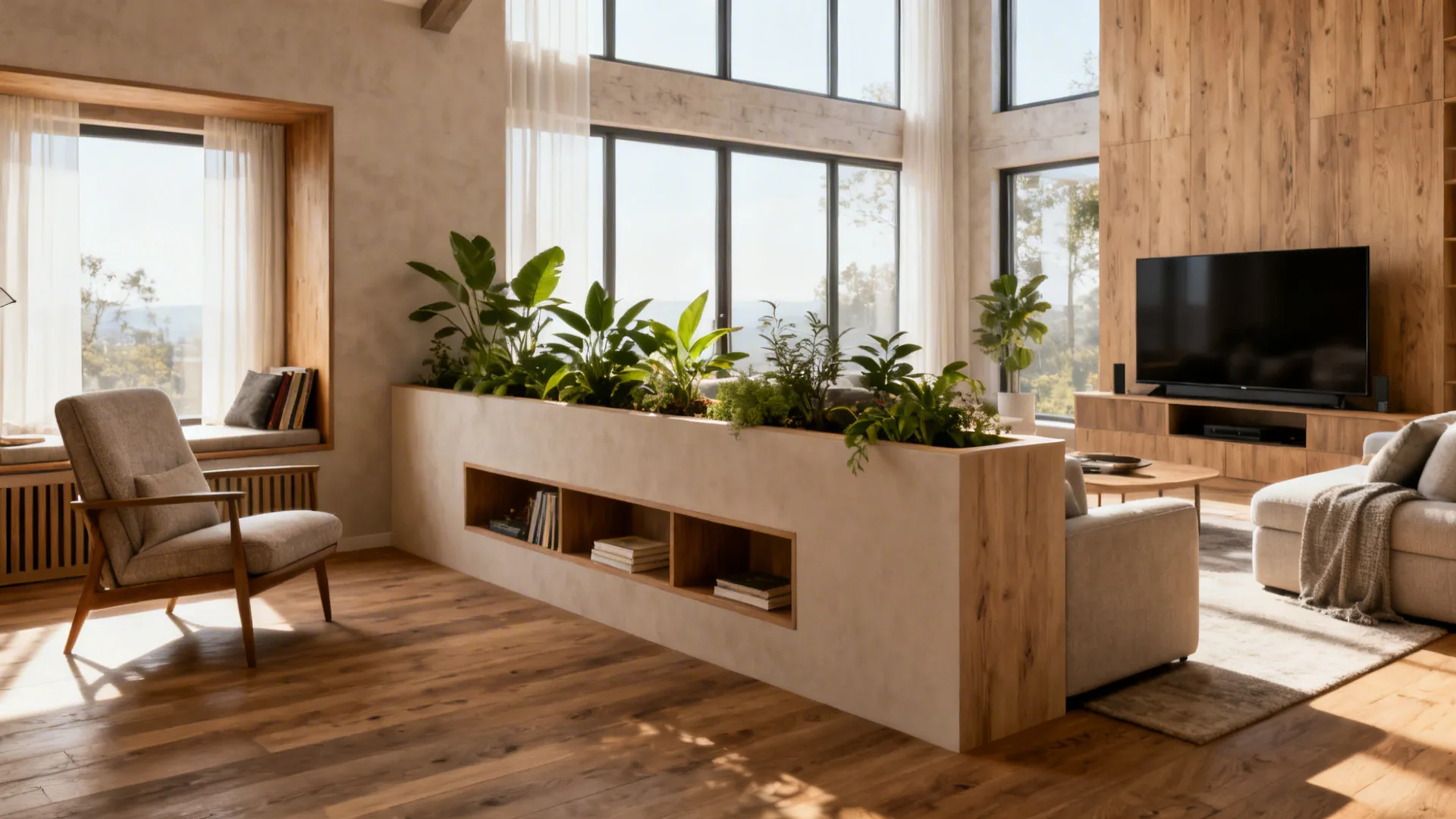 Bright living room with low wall divider, indoor plants, grey sofa, television, and large windows