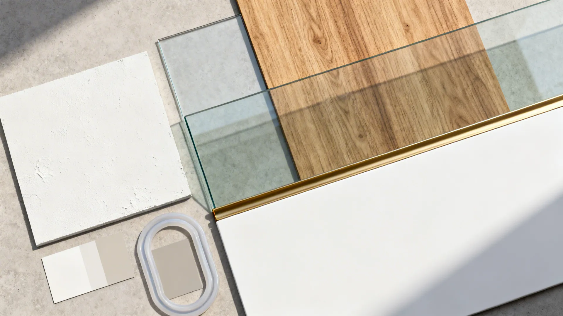 Top-down material board with drywall, clear glass, oak, and brass accents.