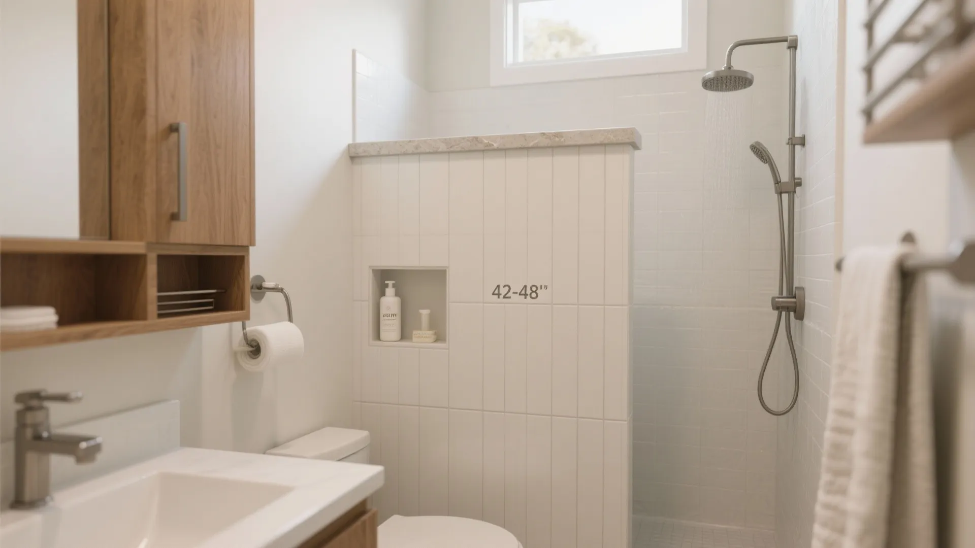 Modern white bathroom featuring a small partition wall with a storage niche and a shower