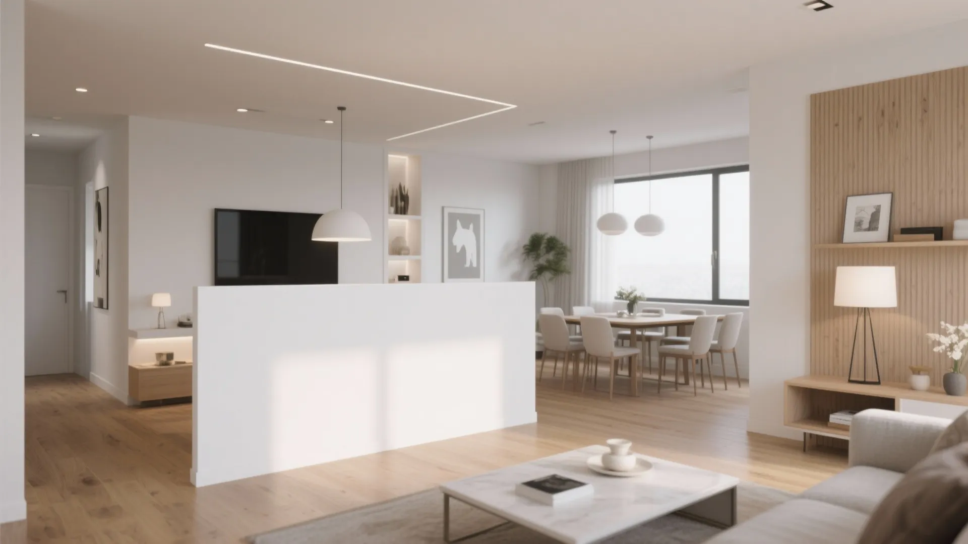 Modern living room with a white half wall separating the seating area and dining space