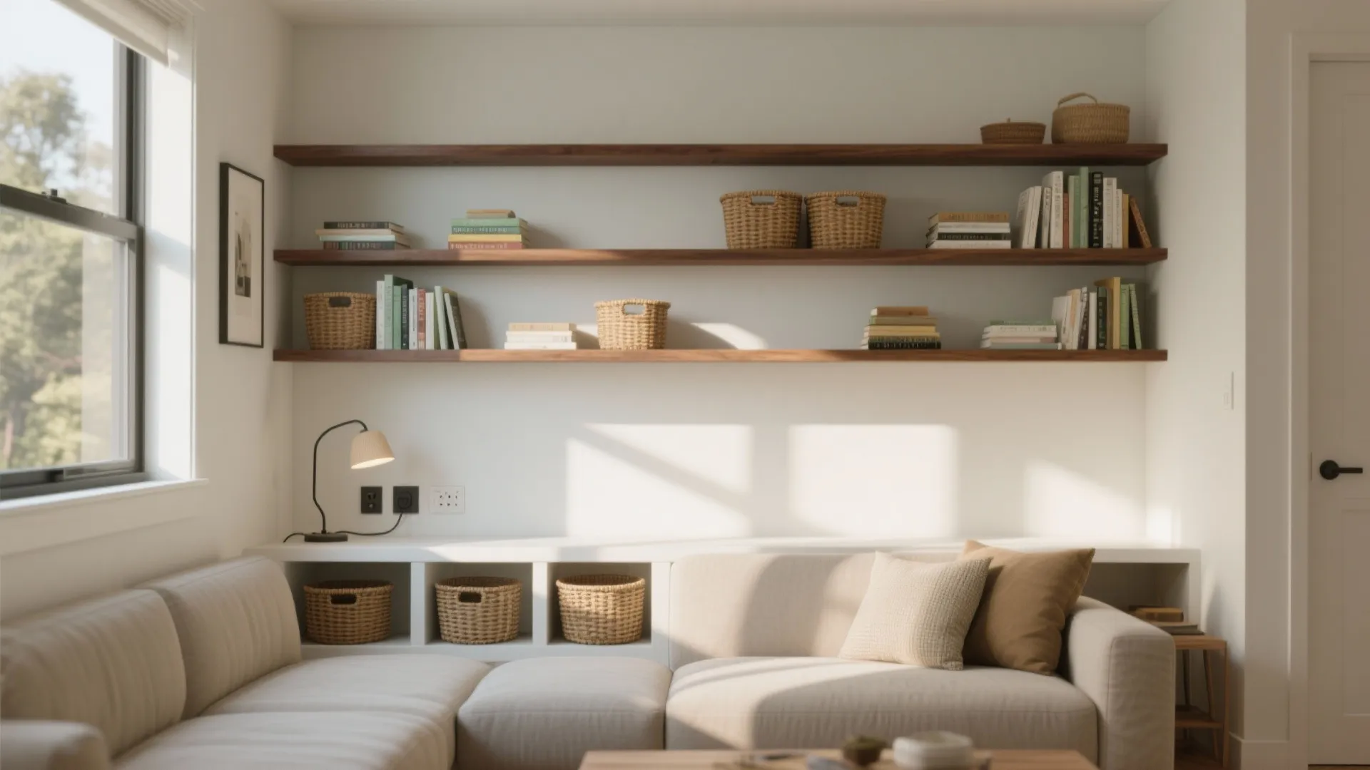 Living room with cream sofa and wall shelves holding books and baskets near a bright window